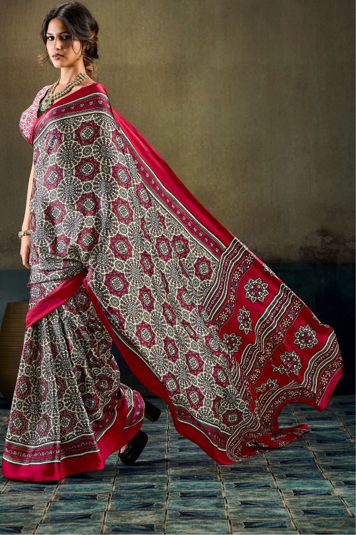 Buy MySilkLove Barn Red Modal Ajrakh Satin Printed Silk Saree Online