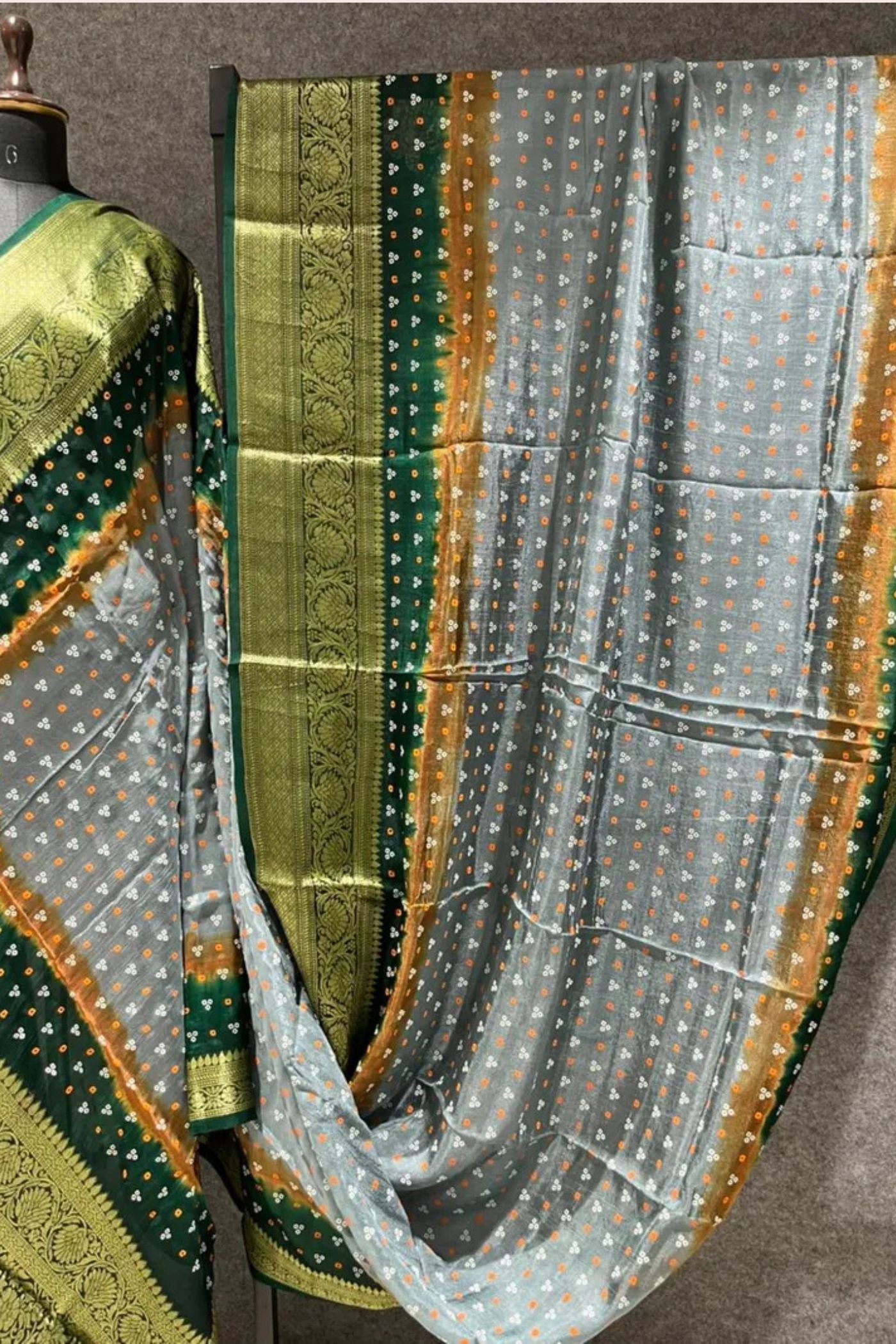 Buy MySilkLove Hunter Green and Orange Bandhani Zari Woven Silk Saree Online