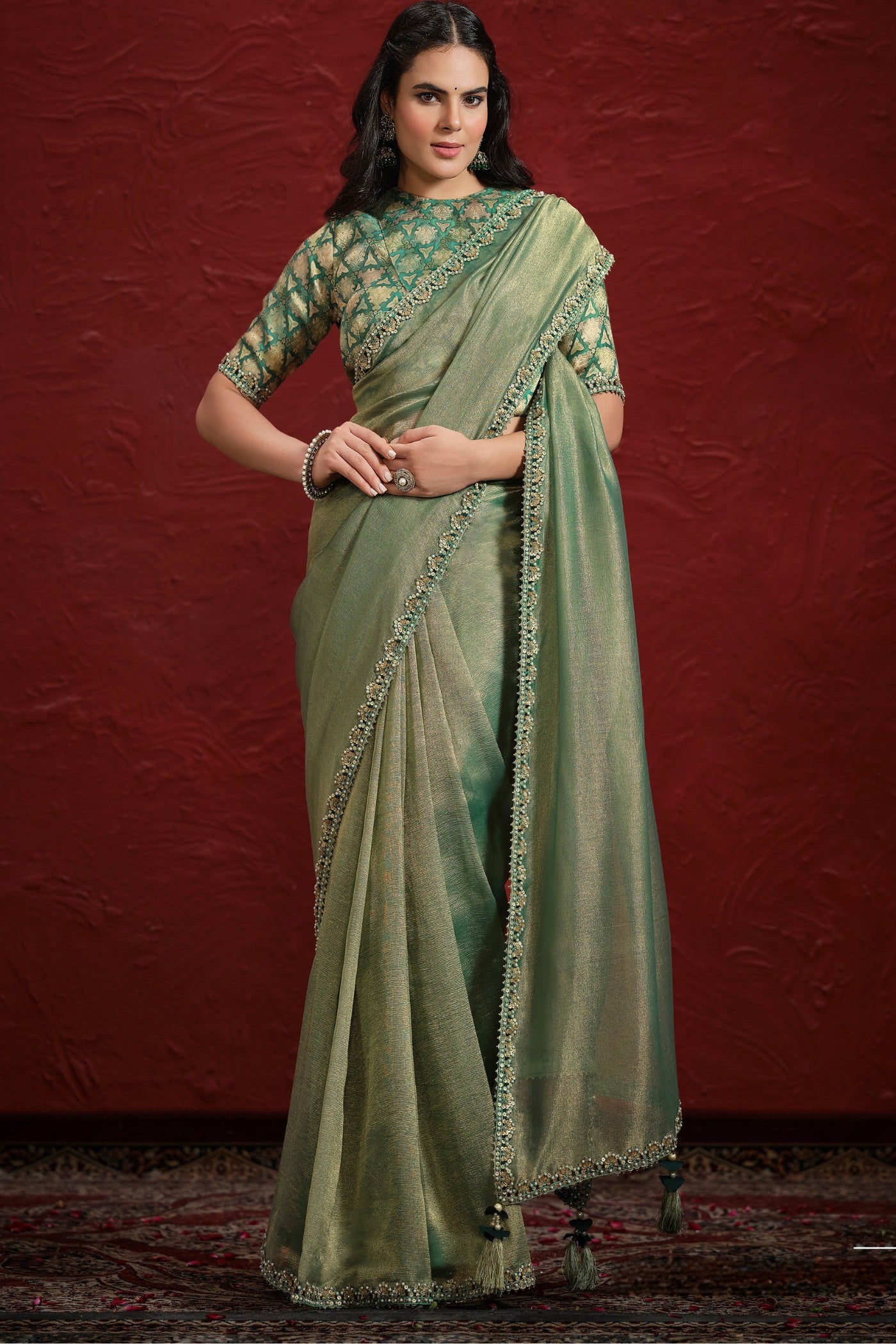 Buy MySilkLove Artichoke Green Banarasi Saree with Stitched Blouse Online