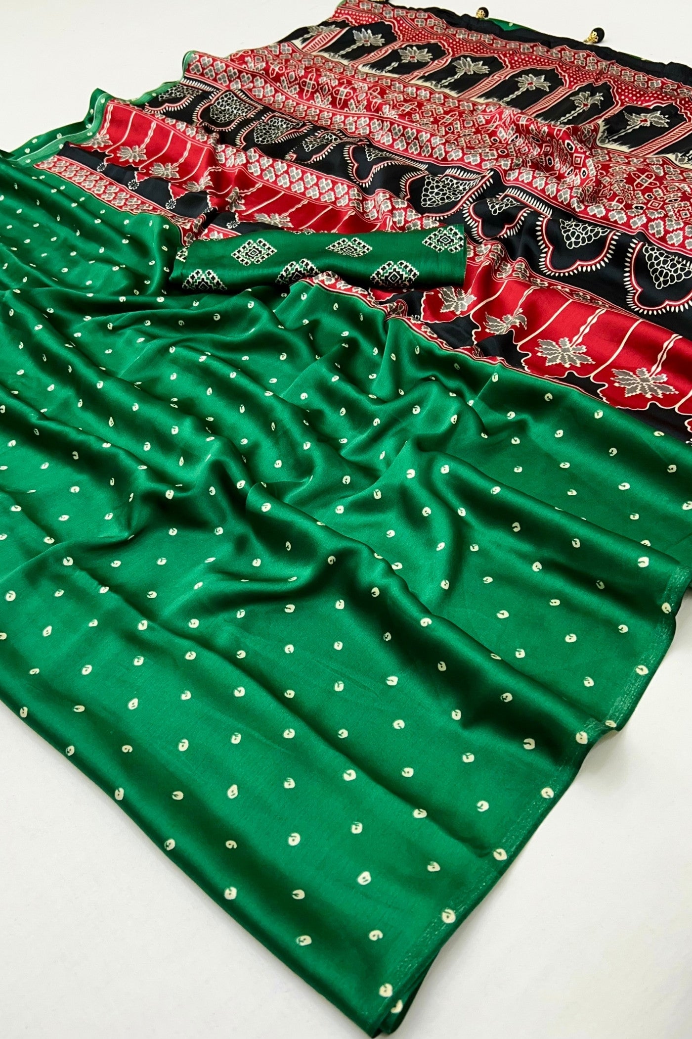 Buy MySilkLove Marrs Green Ajrakh Printed Satin Crepe Silk Saree Online