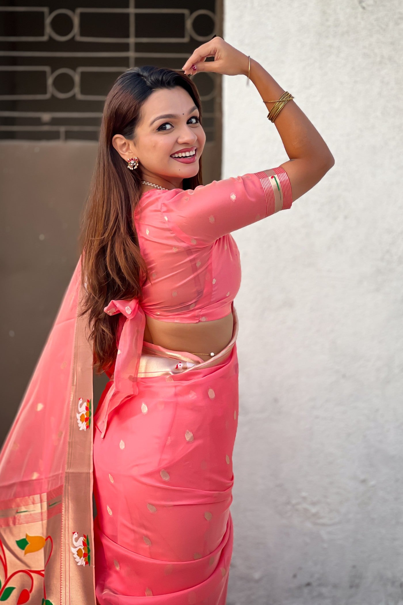 MySilkLove Coral Pink Organza Woven Paithani Saree