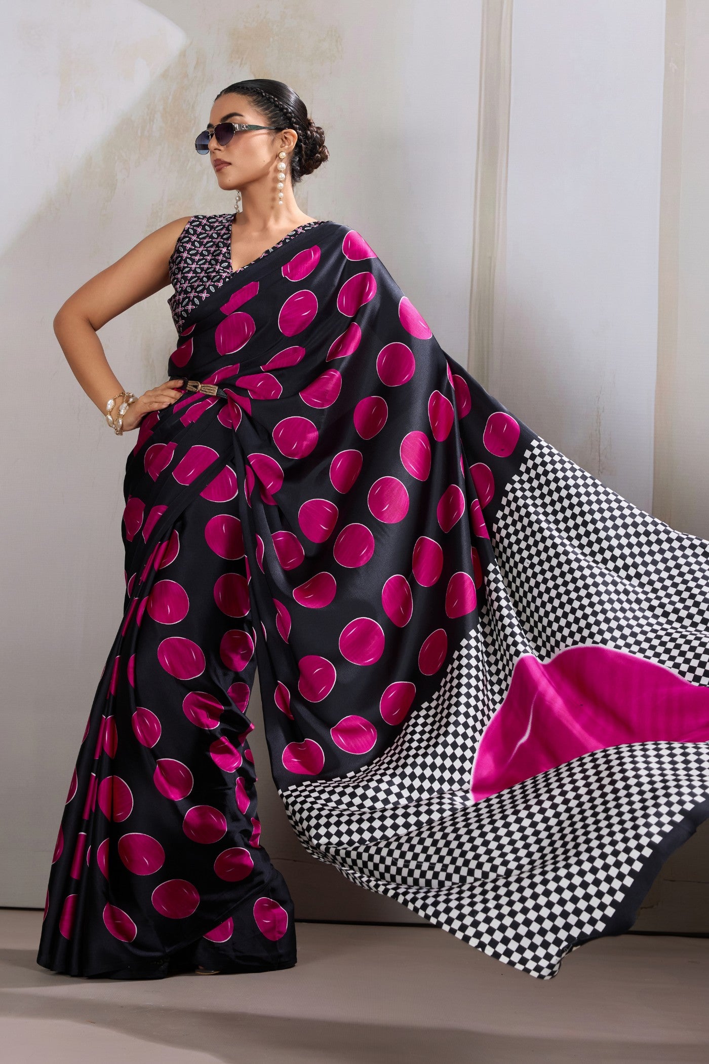 Buy MySilkLove Bubblegum Pink Printed Polka Dots Satin Crepe Saree Online