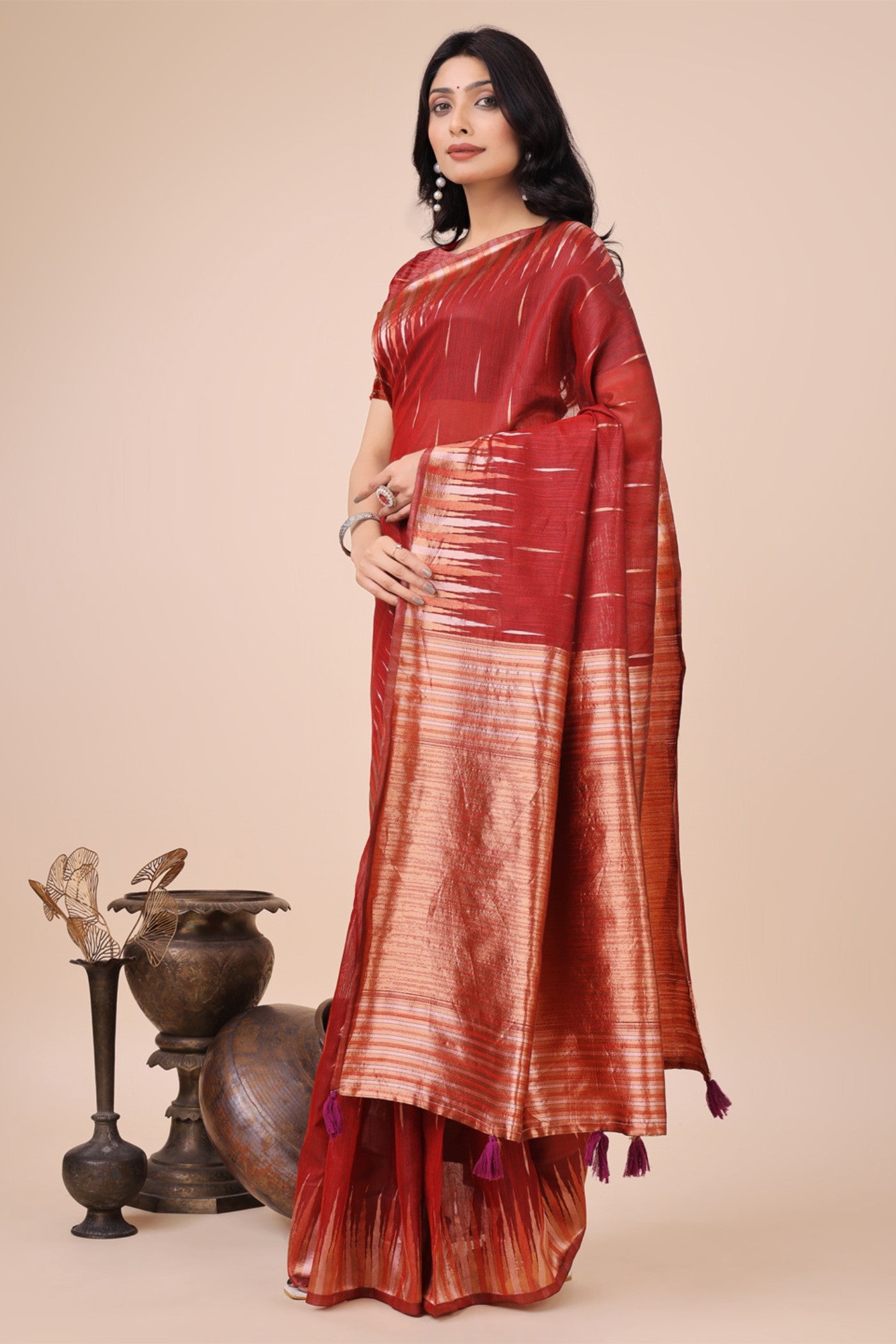 Buy MySilkLove Ceramic Red Linen Cotton Saree Online