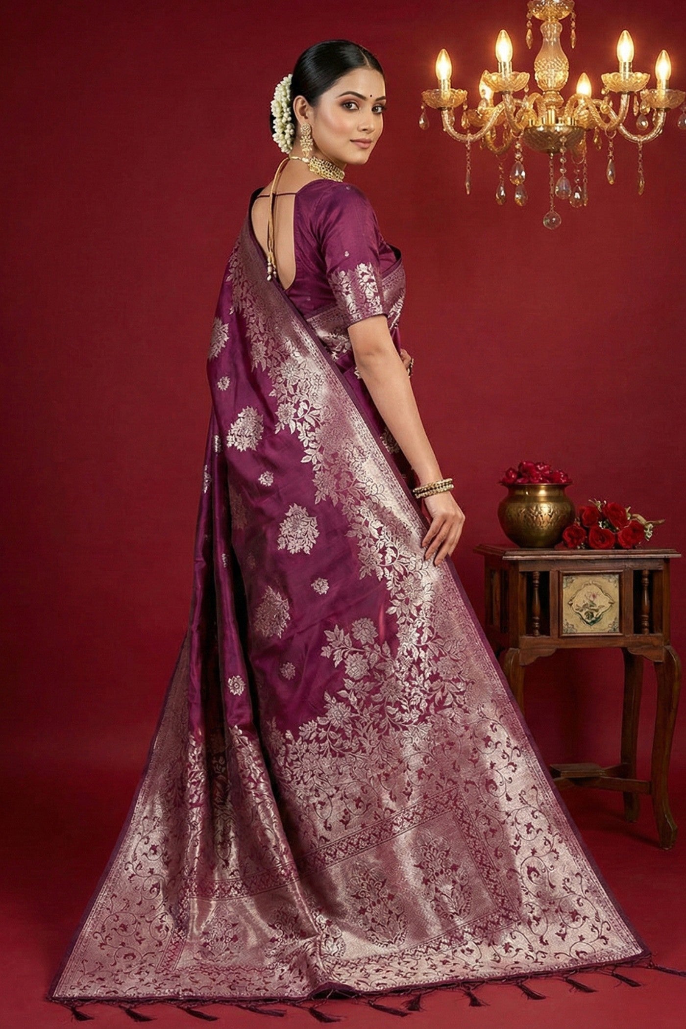 Buy MySilkLove Plum Purple Woven Banarasi Silk Saree Online