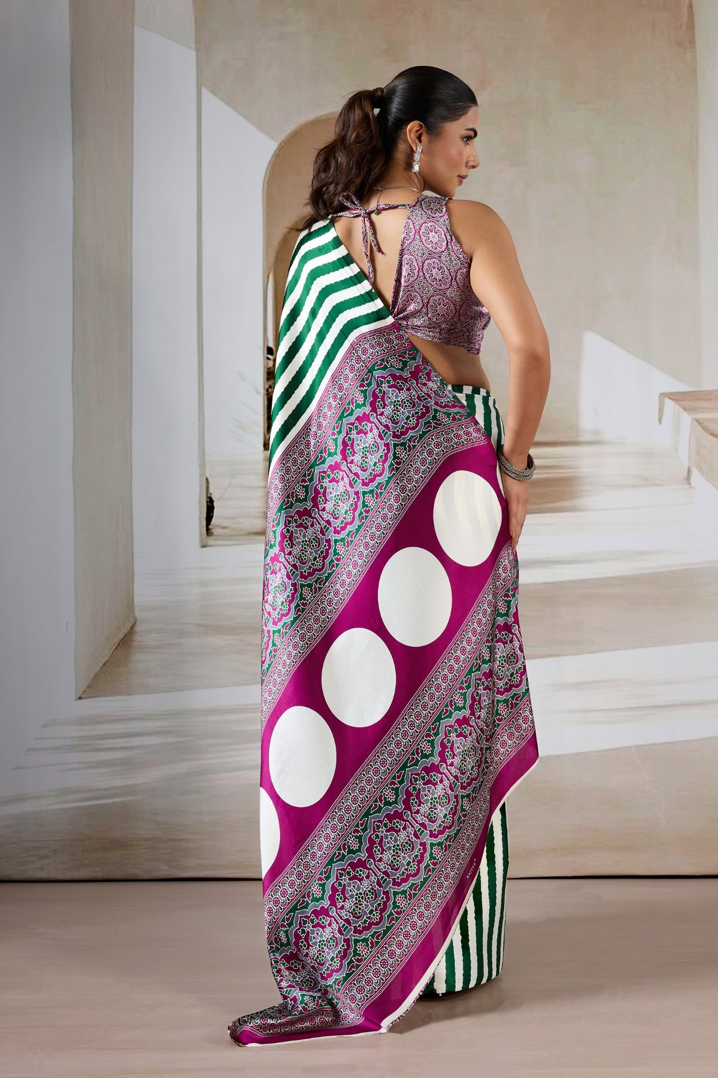 Buy MySilkLove Meadow Green Stripe Ajrakh Printed Satin Crepe Silk Saree Online