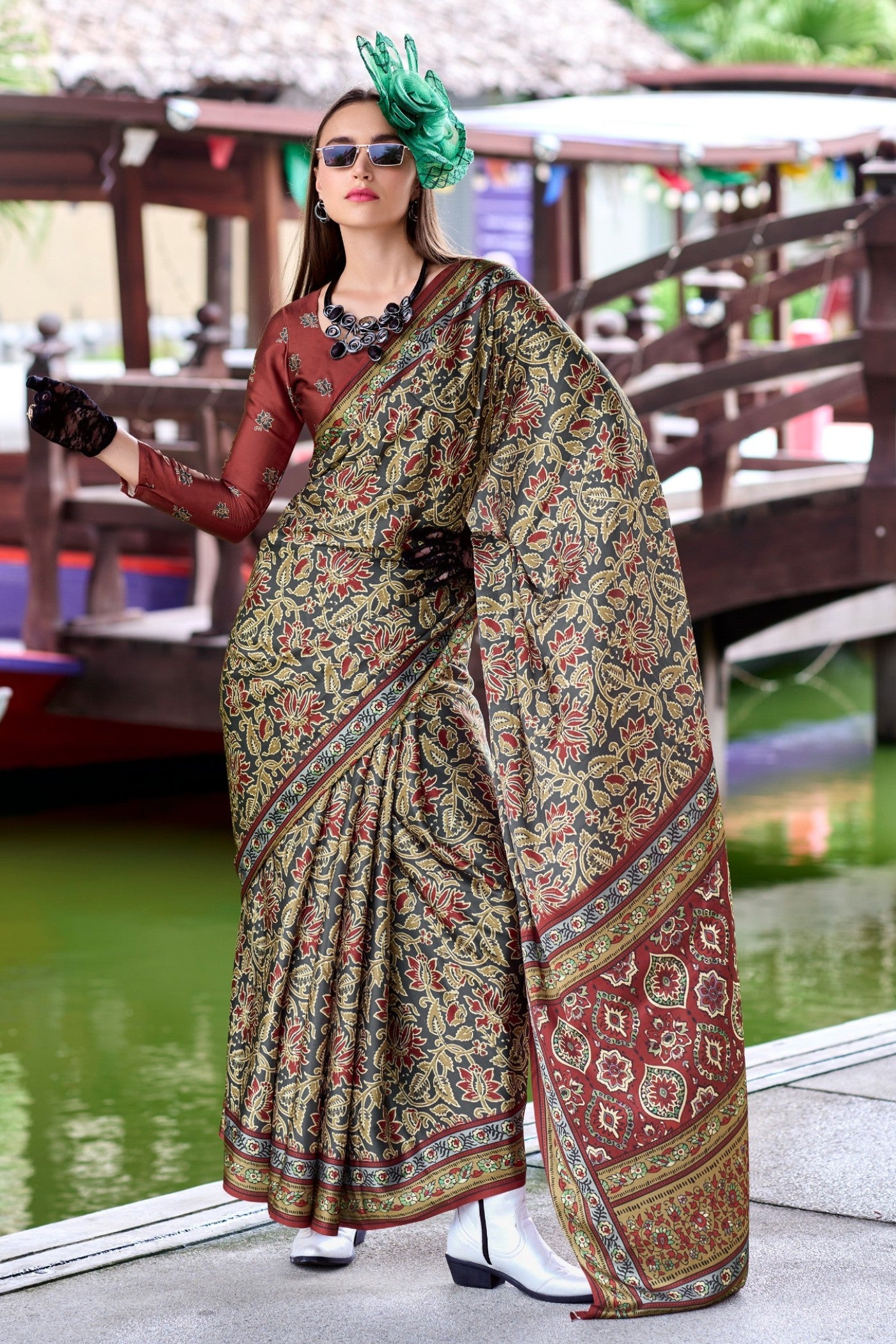 Buy MySilkLove Seaweed Green Ajrakh Printed Satin Crepe Silk Saree Online
