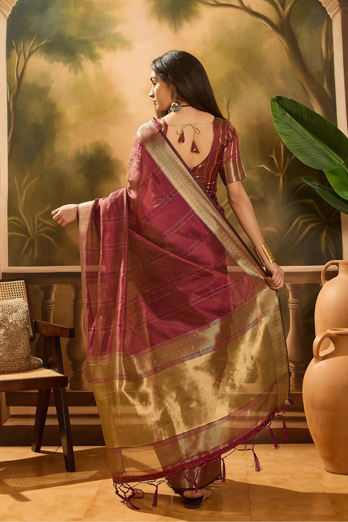 Buy MySilkLove Brick Maroon Woven Organza Saree Online