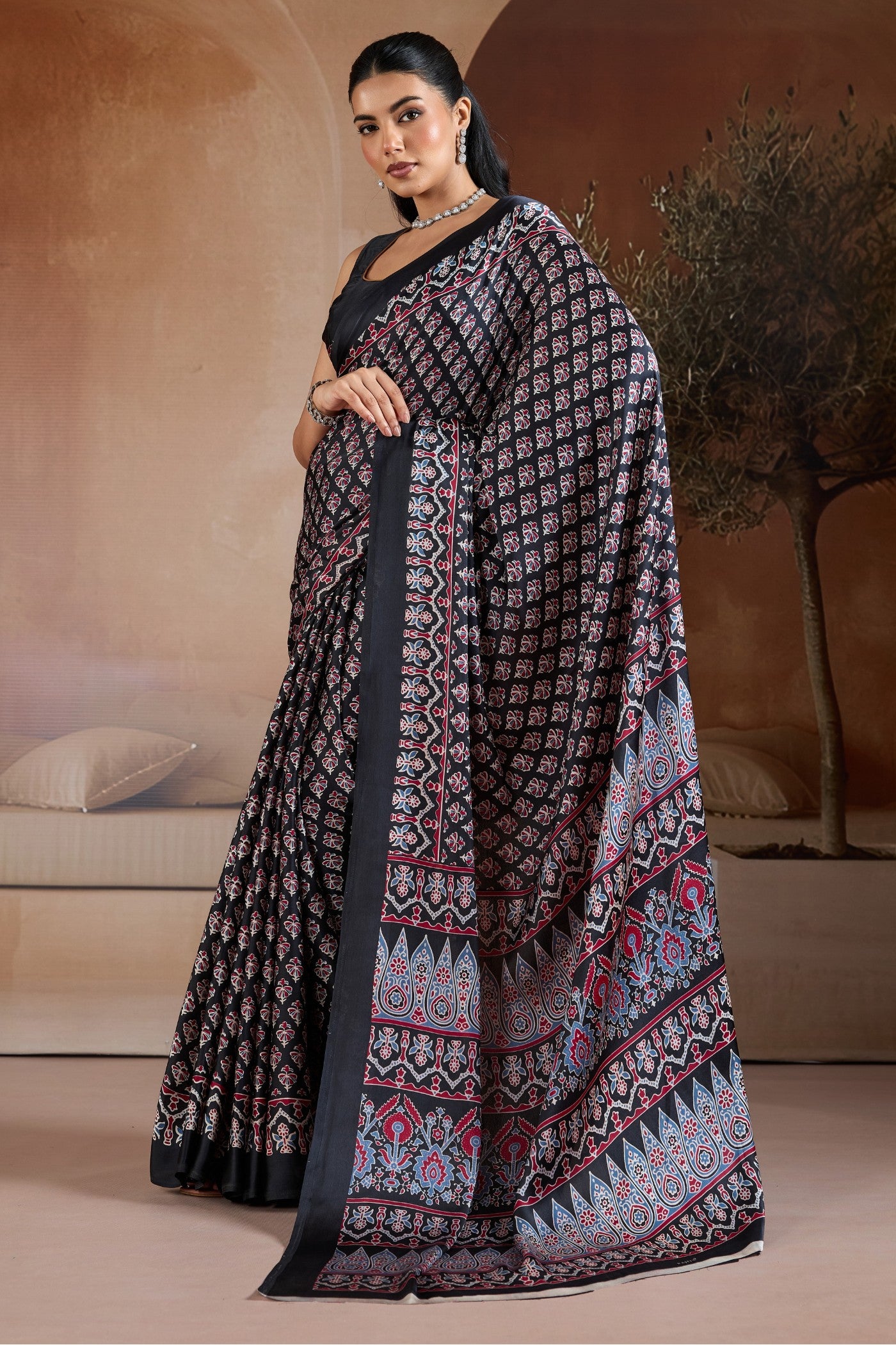 Buy MySilkLove Eclipse Black Ajrakh Printed Satin Crepe Silk Saree Online