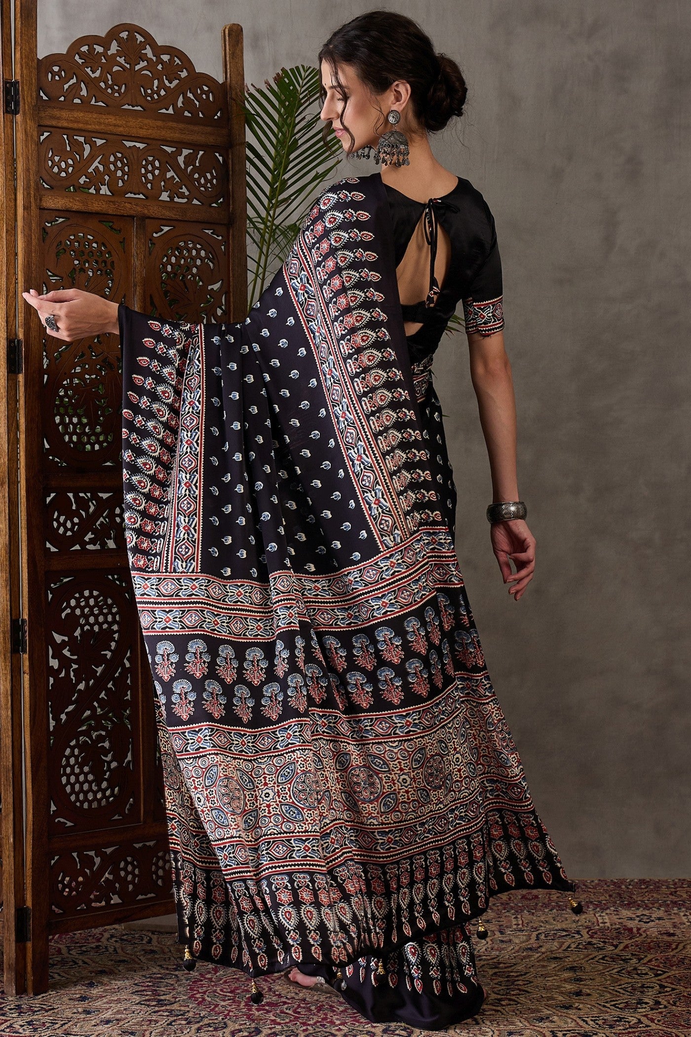Buy MySilkLove Tuna Black Ajrakh Printed Satin Gaji Silk Saree Online