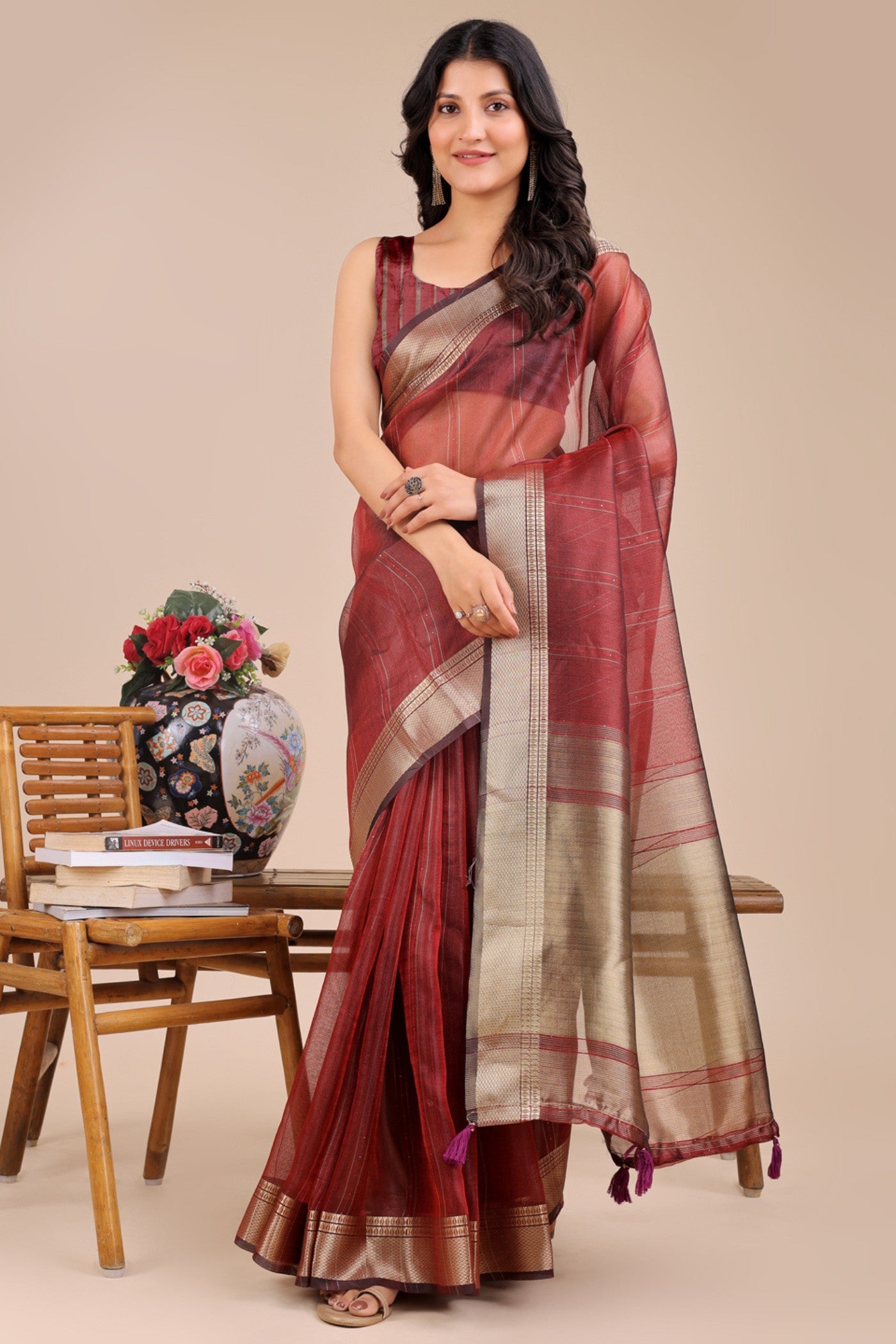 Buy MySilkLove Mocca Brown Woven Organza Saree Online