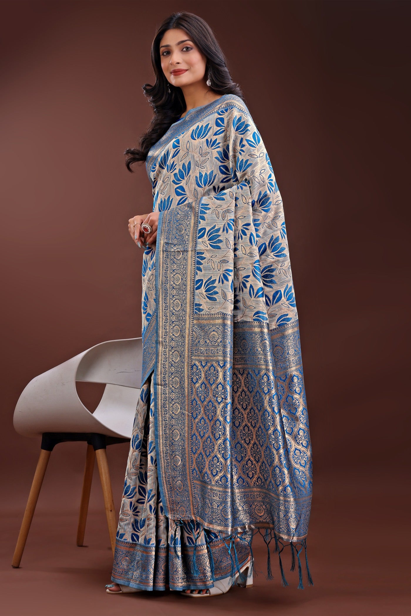 Buy MySilkLove Butterfly Blue Linen Cotton Saree Online