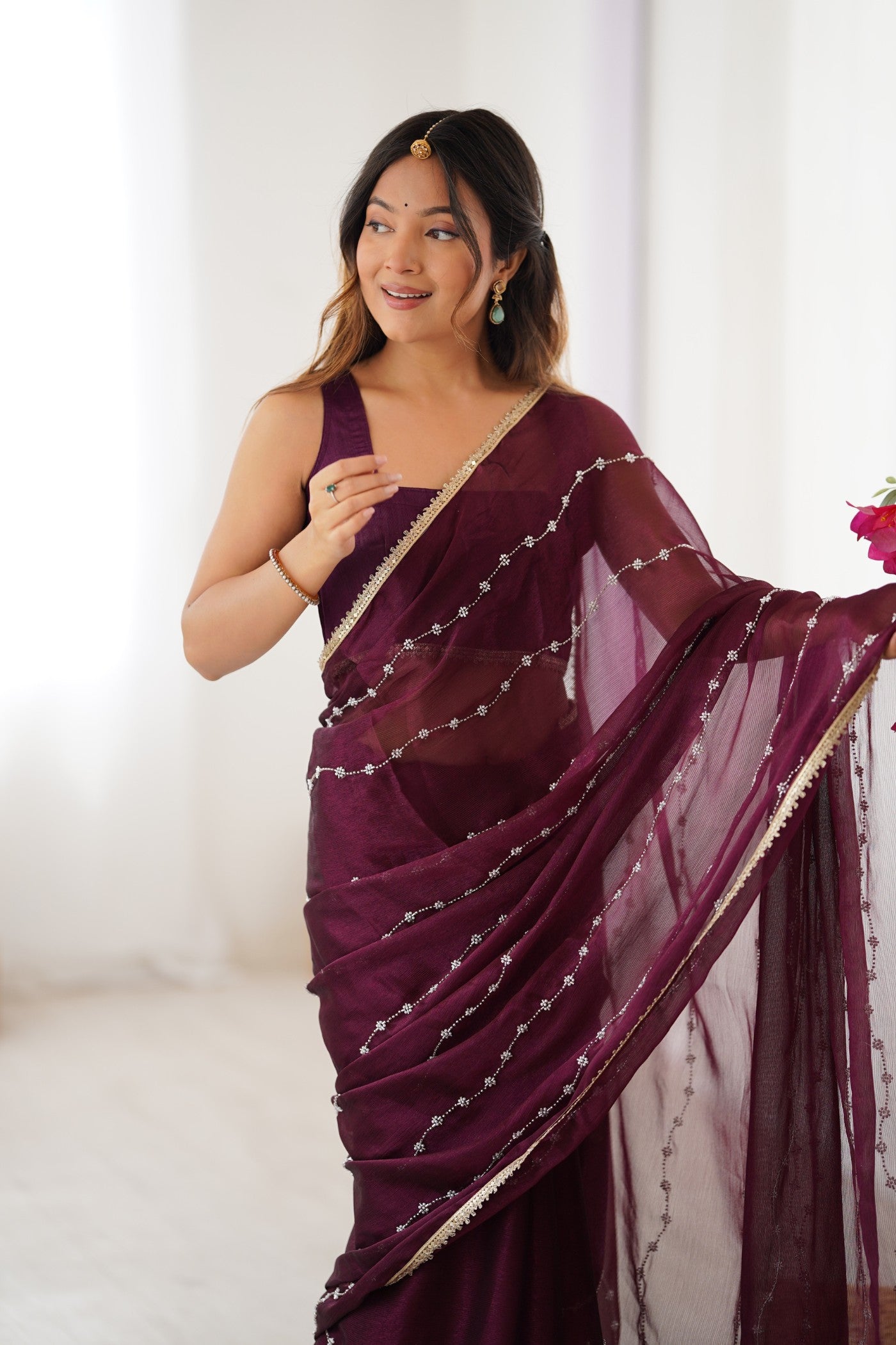 Buy MySilkLove Wine Purple Chiffon Partywear Saree Online