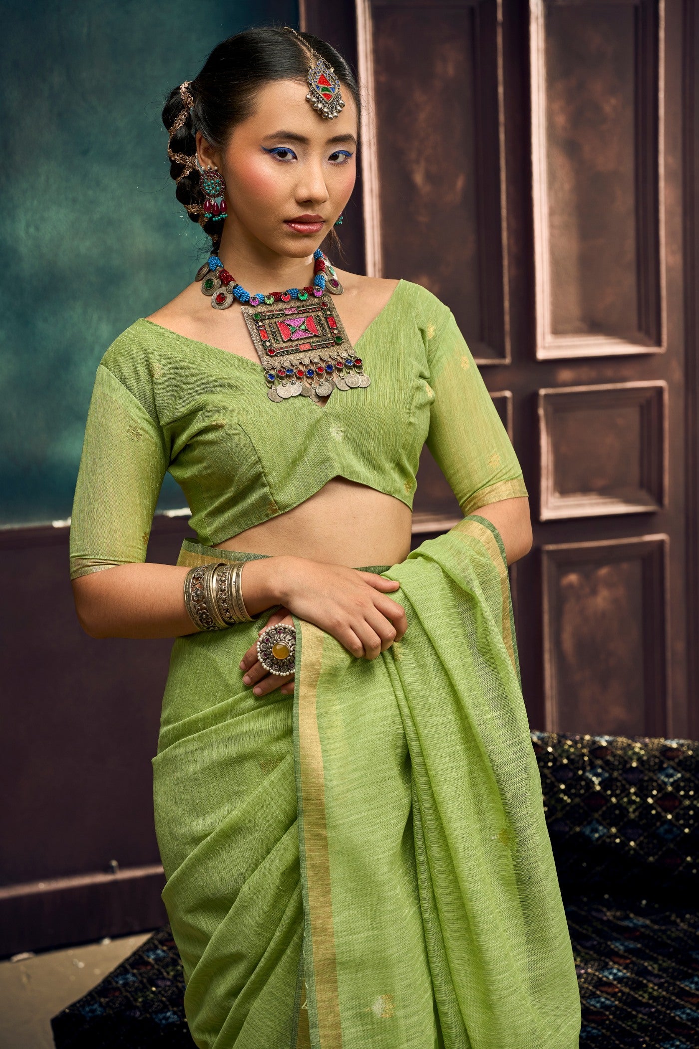 Buy MySilkLove Pear Green Munga Handloom Cotton Saree Online