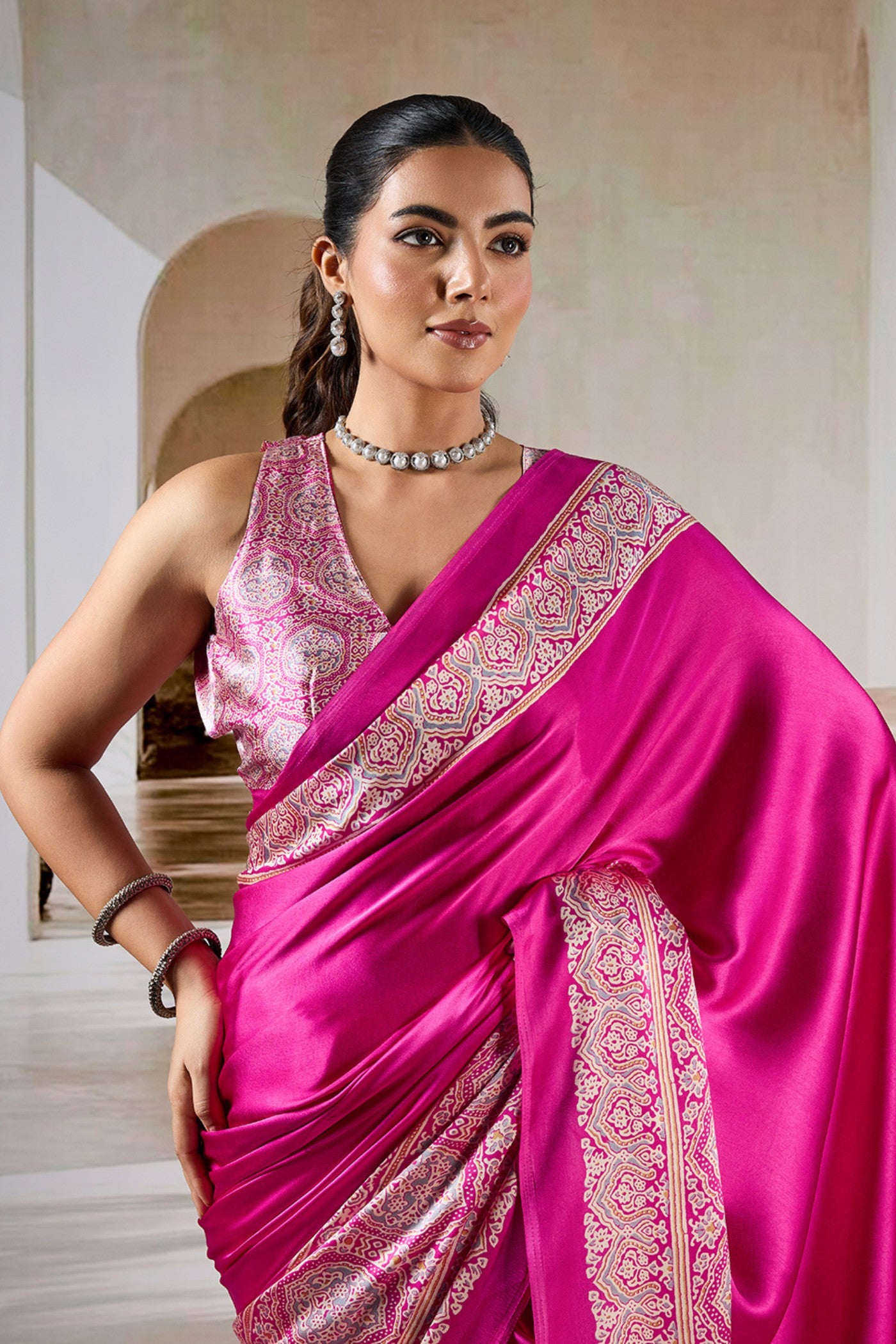 Buy MySilkLove Flower Bloom Pink Ajrakh Printed Satin Crepe Silk Saree Online