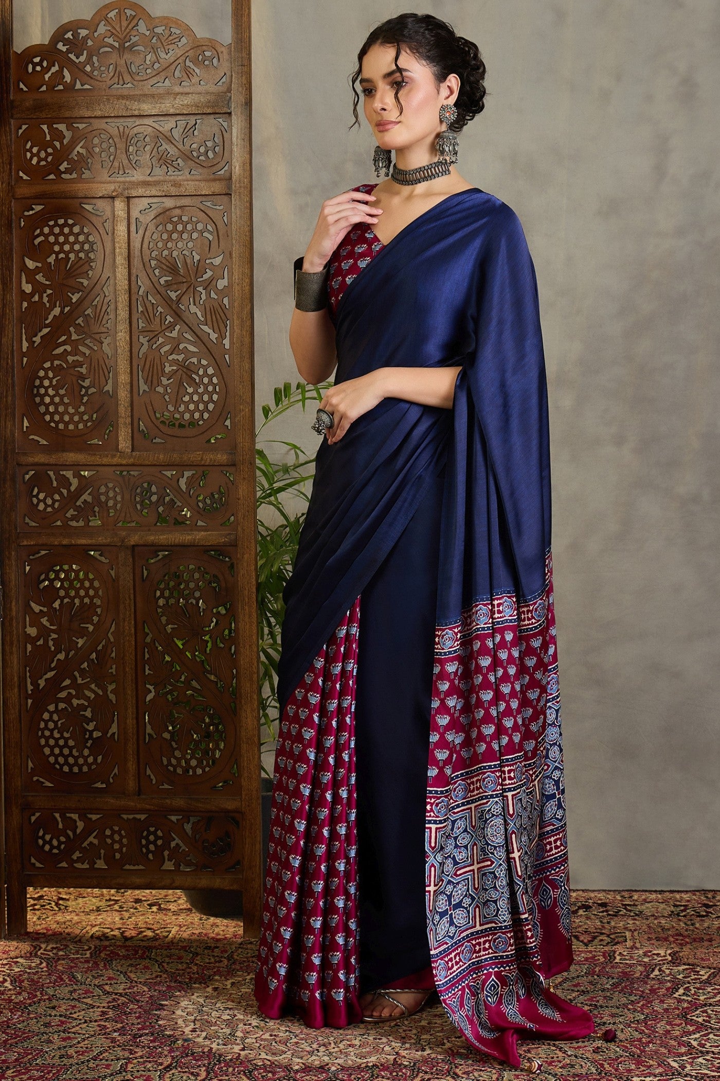 Buy MySilkLove Navy Blue and Purple Ajrakh Printed Satin Crepe Silk Saree Online