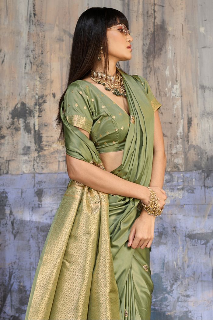 Buy MySilkLove Lime Green Handloom Satin Soft Silk Saree Online