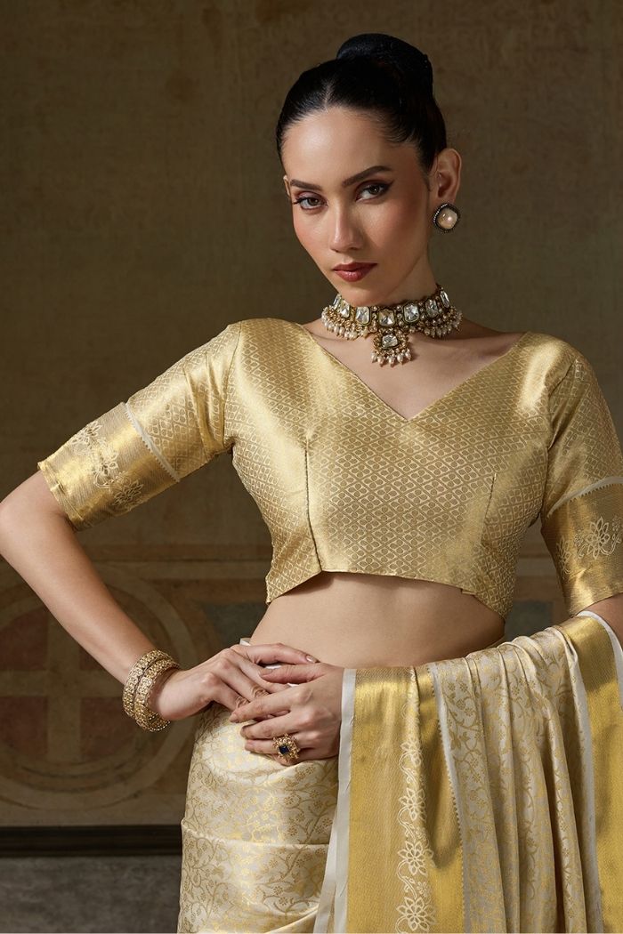 Buy MySilkLove Milk White Woven Kanjivaram Saree Online