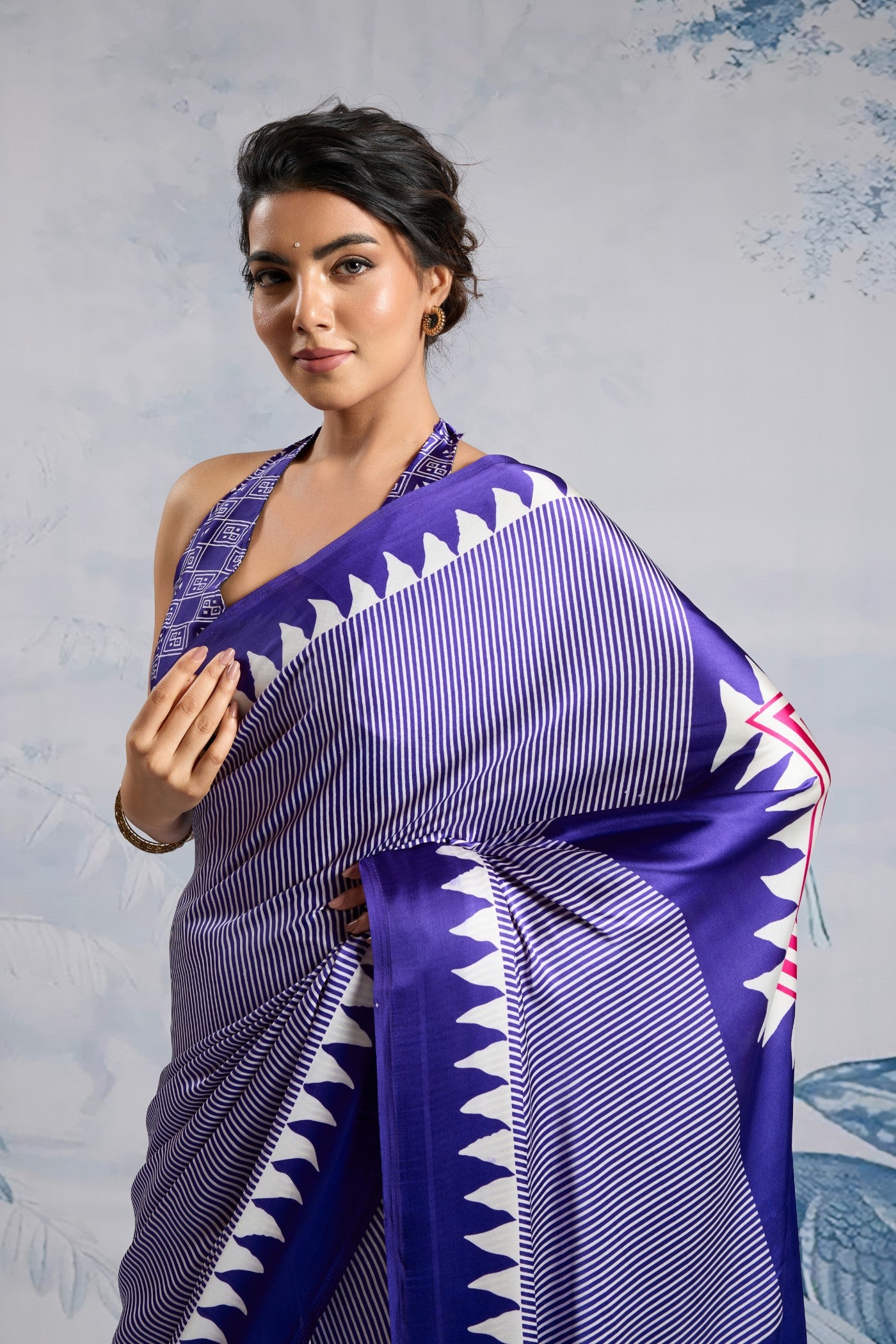 Buy MySilkLove Amatista Purple Stripe Ajrakh Printed Satin Crepe Silk Saree Online