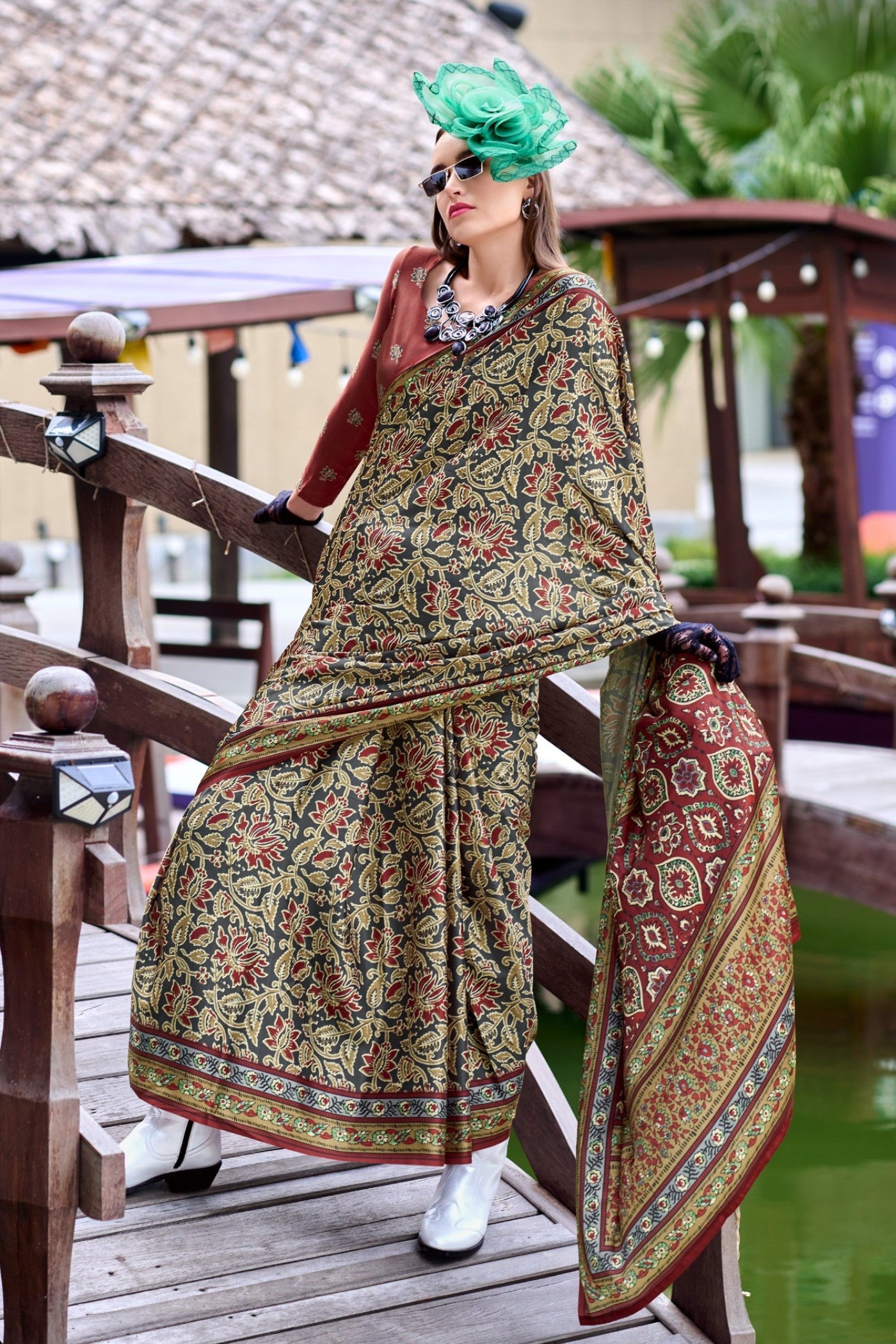 Buy MySilkLove Seaweed Green Ajrakh Printed Satin Crepe Silk Saree Online