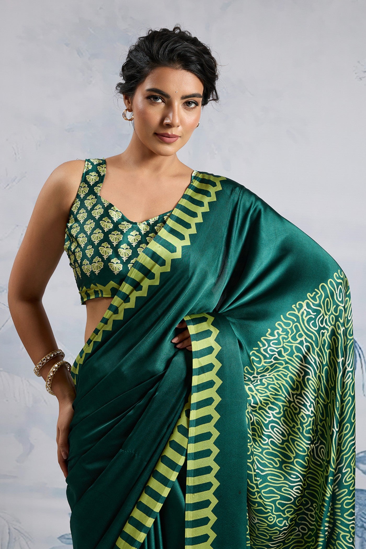 MySilkLove Apple Pop Green Printed Satin Crepe Silk Saree
