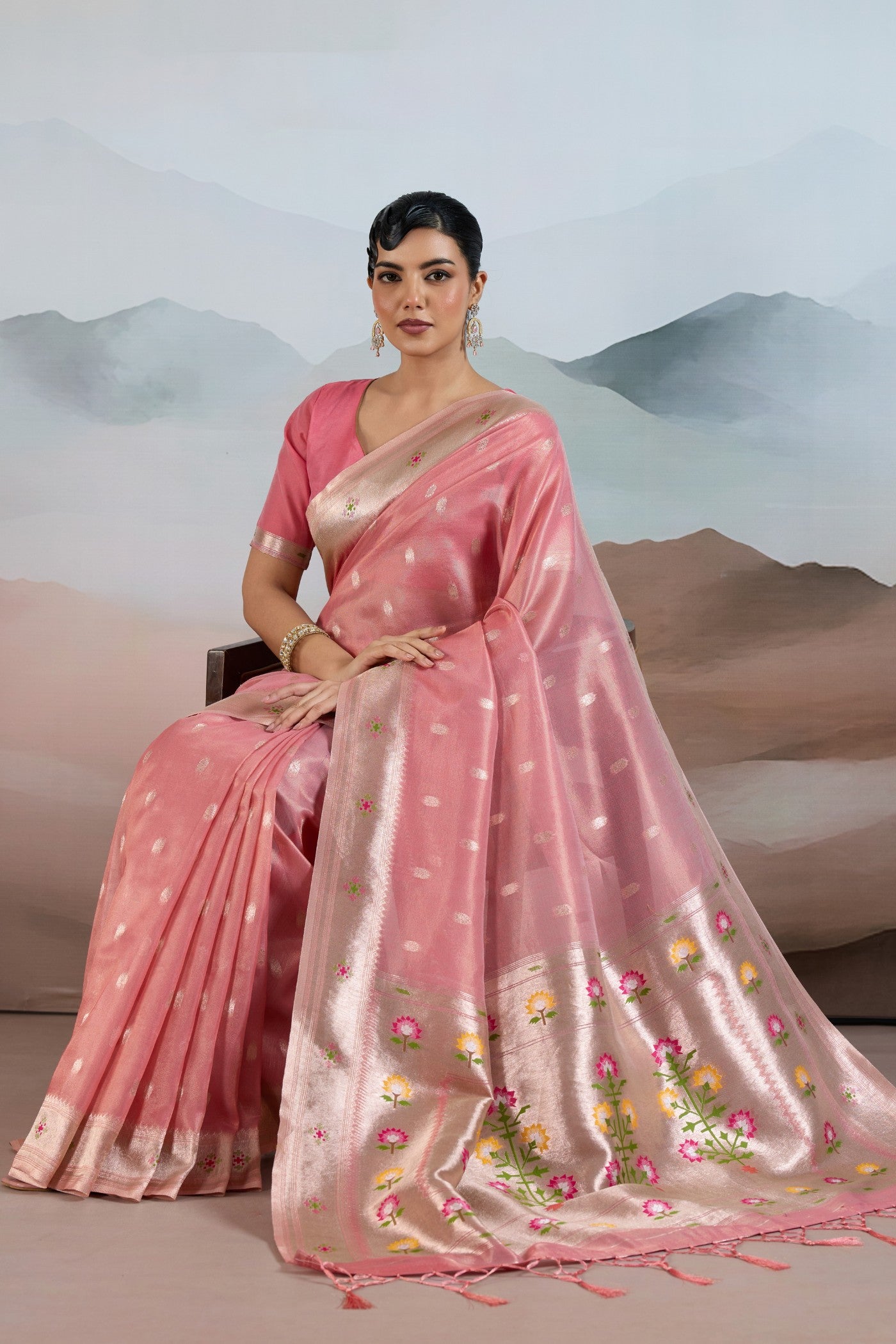 Buy MySilkLove Rosewater Pink Zari Woven Tissue Paithani Saree Online