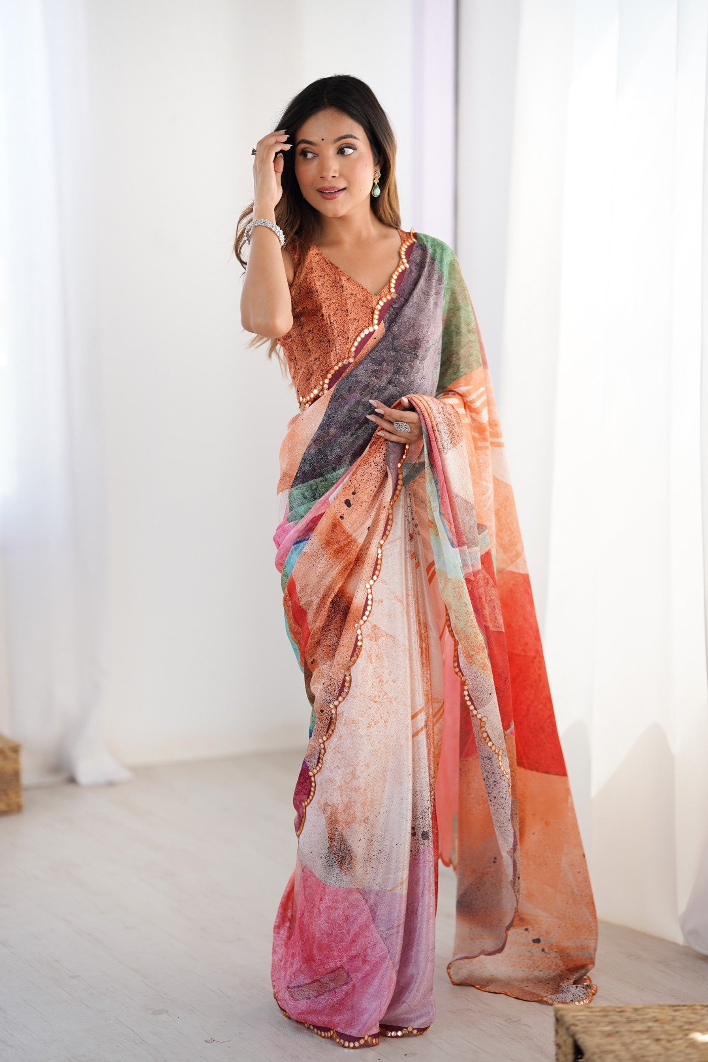 Buy MySilkLove Orange Multicolor Chinon Partywear Saree Online