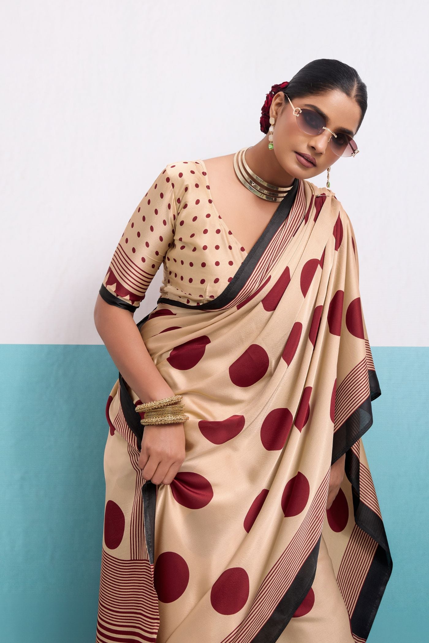 Buy MySilkLove Nectar Cream Polka Dots Satin Crepe Saree Online