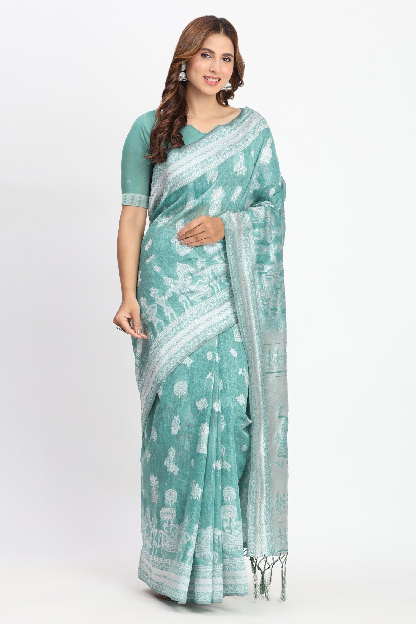 Buy MySilkLove Eton Green Woven Linen Cotton Saree Online