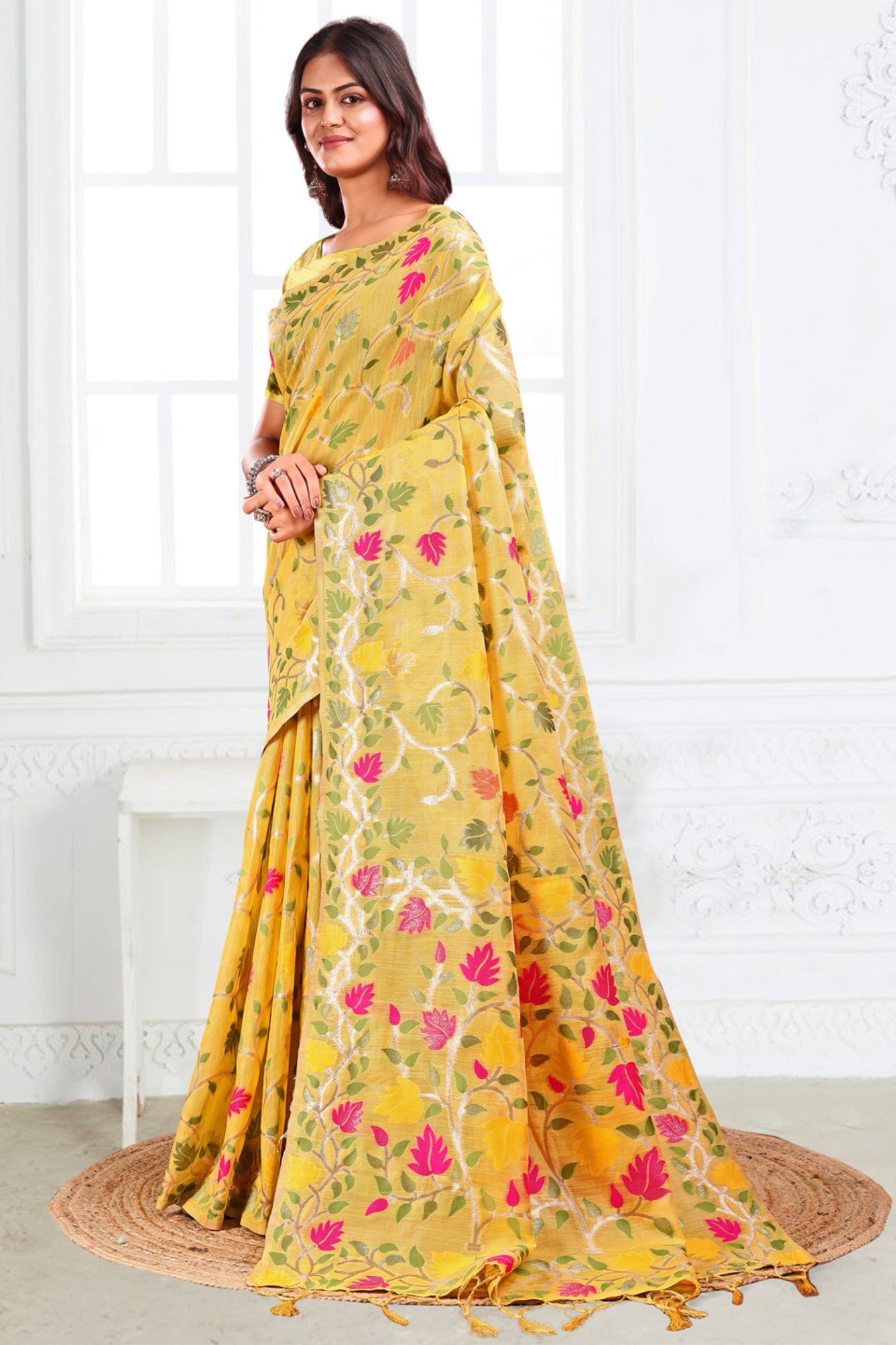Buy MySilkLove Saffron Yellow Woven Linen Cotton Saree Online