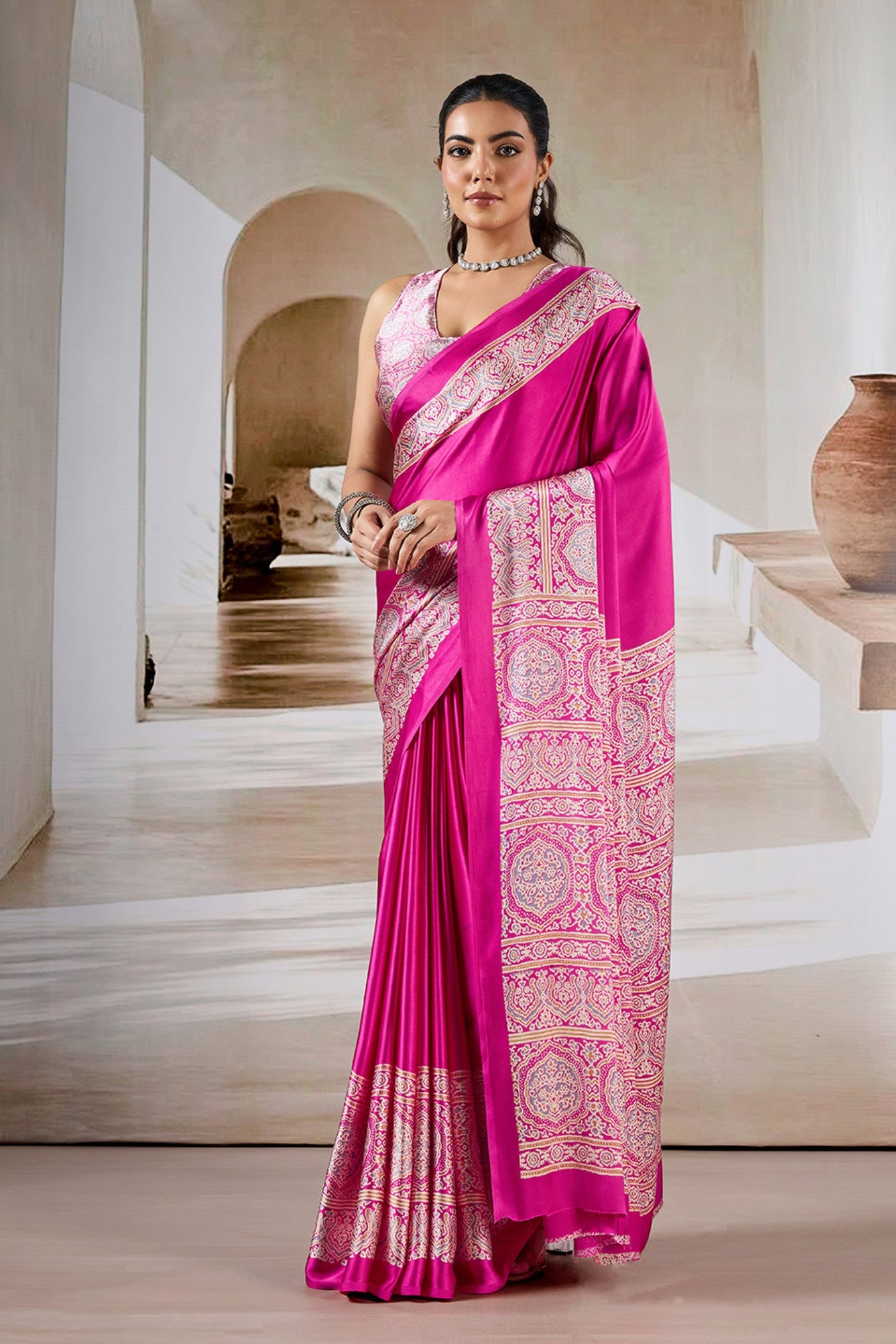 Buy MySilkLove Flower Bloom Pink Ajrakh Printed Satin Crepe Silk Saree Online