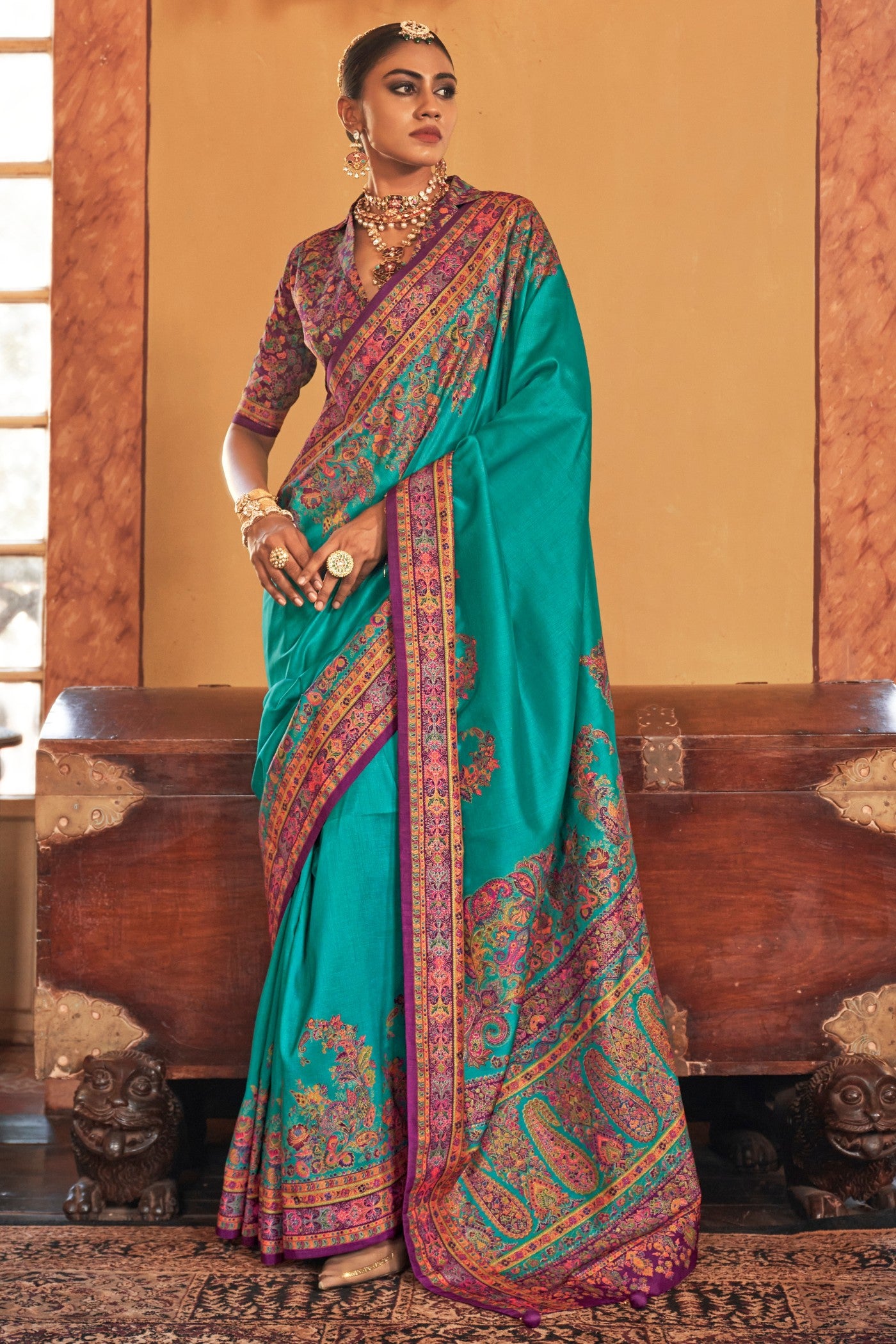 Buy MySilkLove Persian Blue Printed Banarasi Saree Online