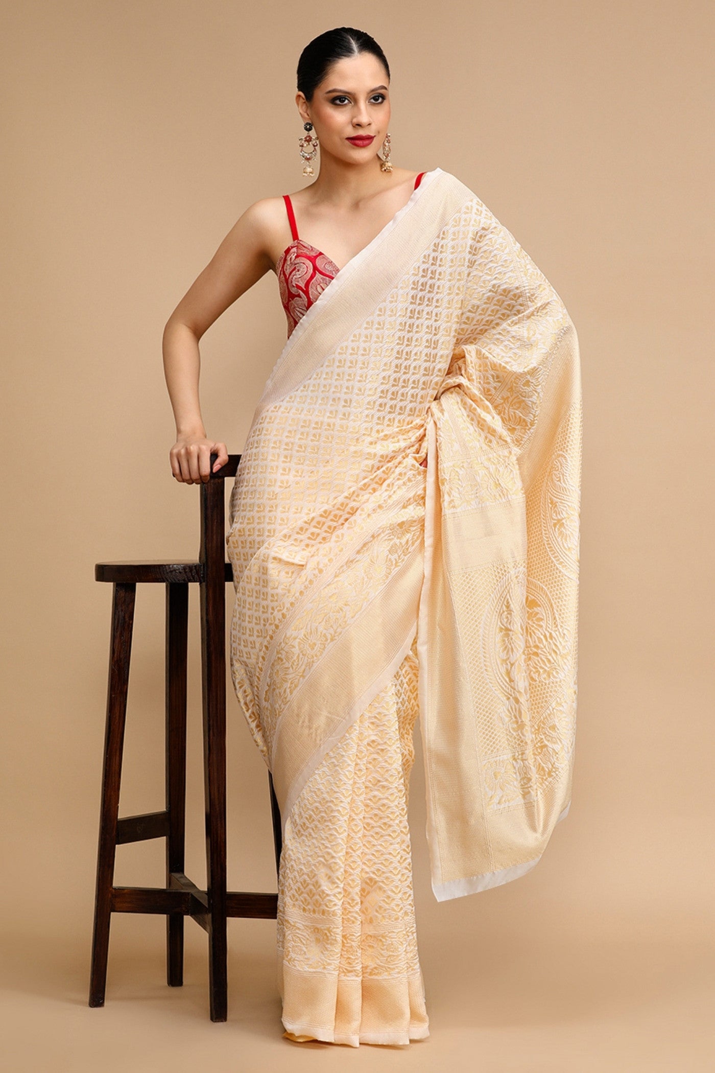 Buy MySilkLove Almond Cream Woven Jacquard Lichi Silk Saree Online