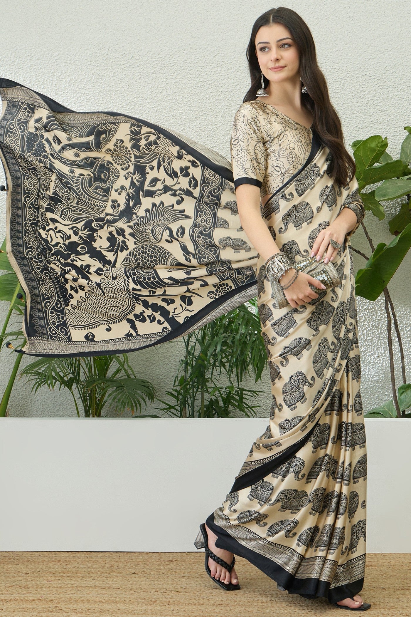 Buy MySilkLove Matte Cream Ajrakh Printed Satin Crepe Silk Saree Online