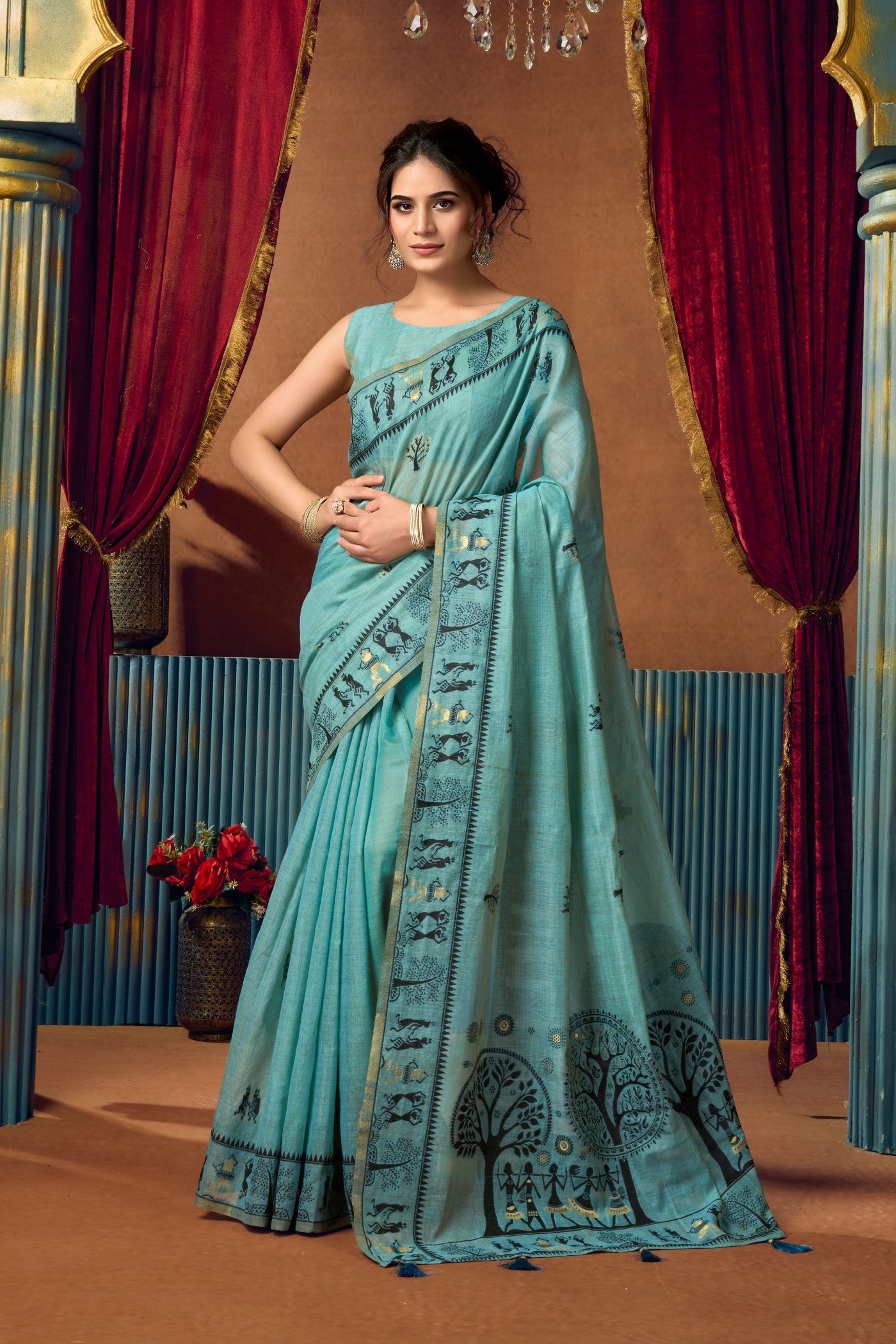 Buy MySilkLove Turquoise Blue Woven Modal Cotton Saree Online