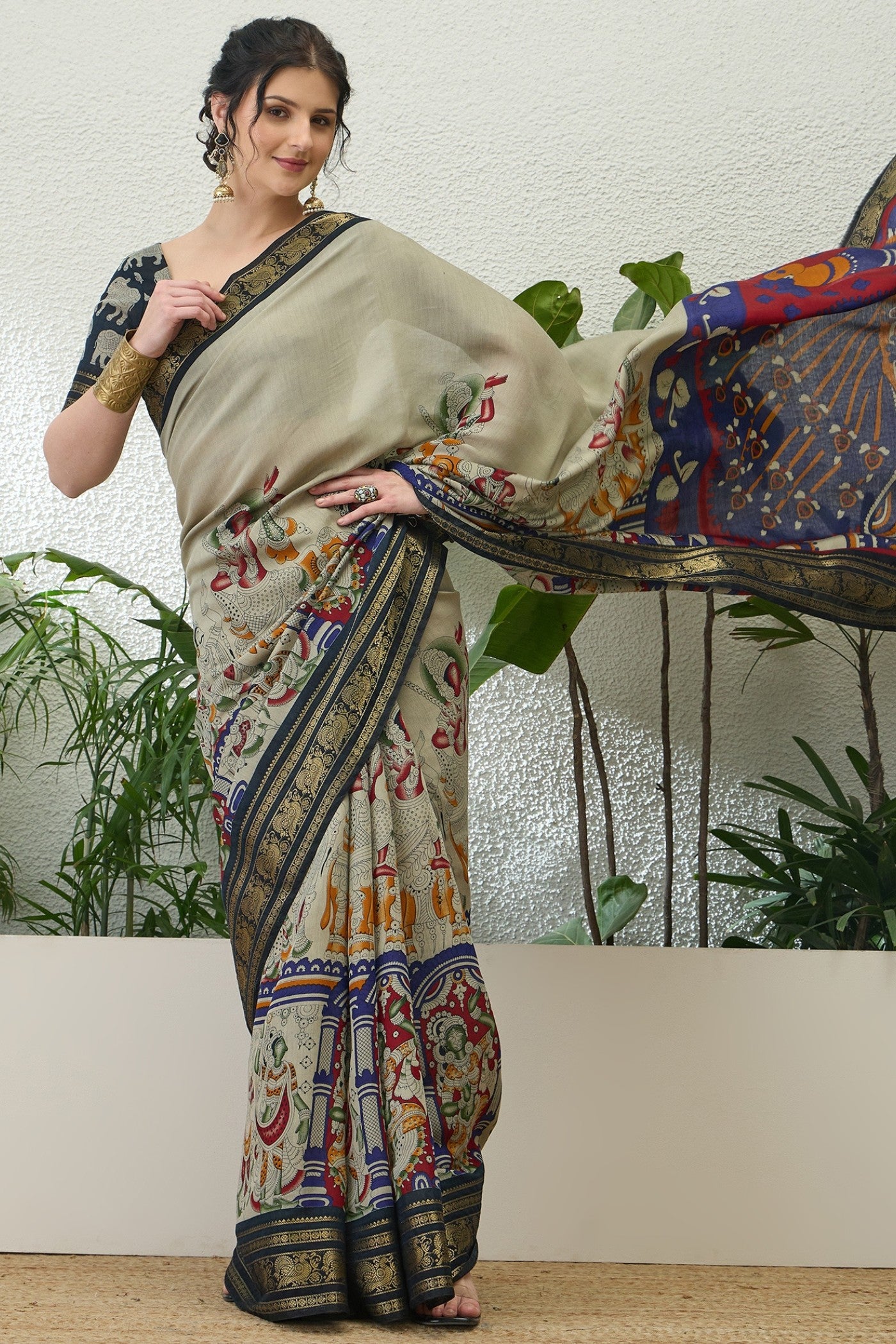 Buy MySilkLove Cloudy Grey Printed Cotton Saree Online