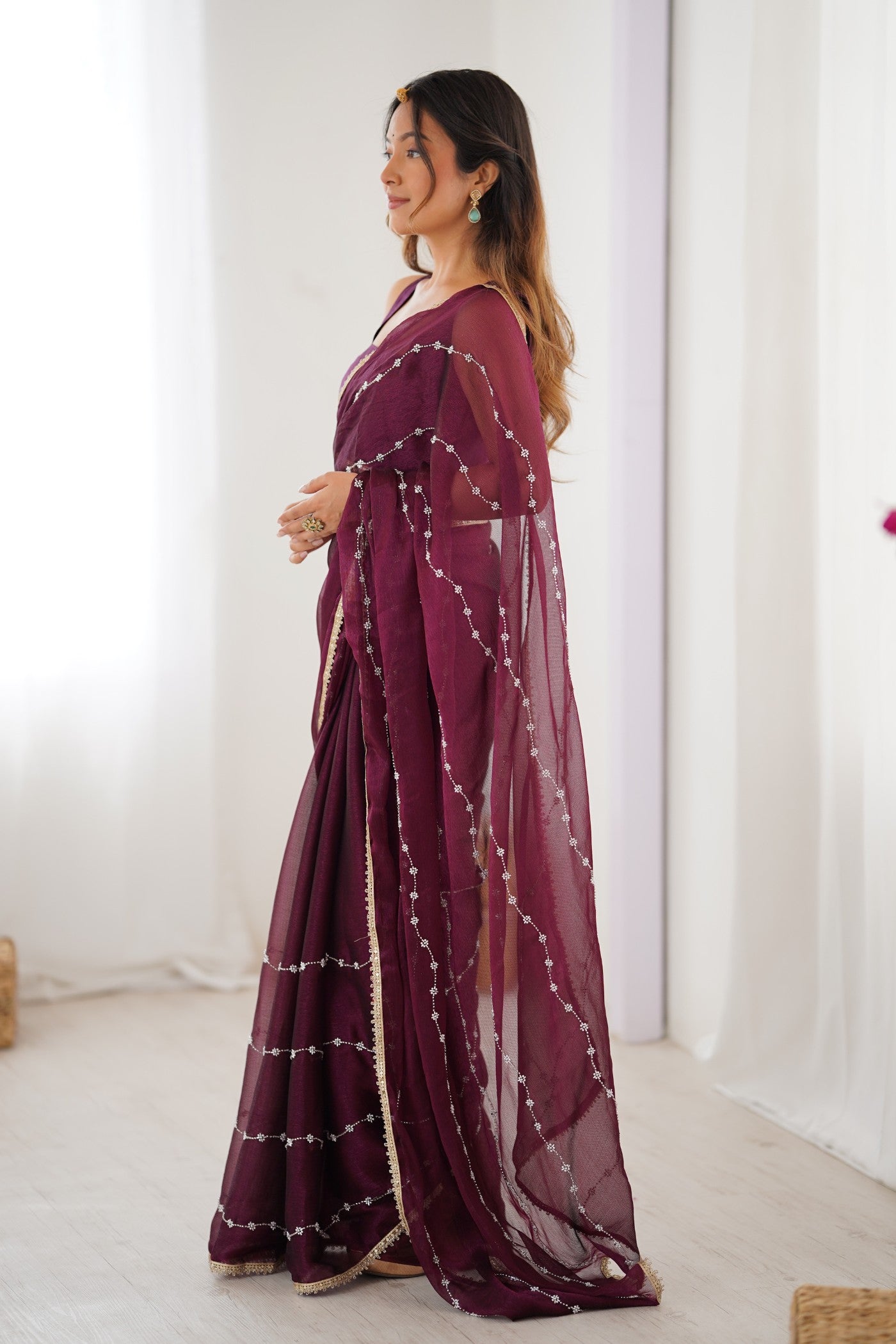 Buy MySilkLove Wine Purple Chiffon Partywear Saree Online