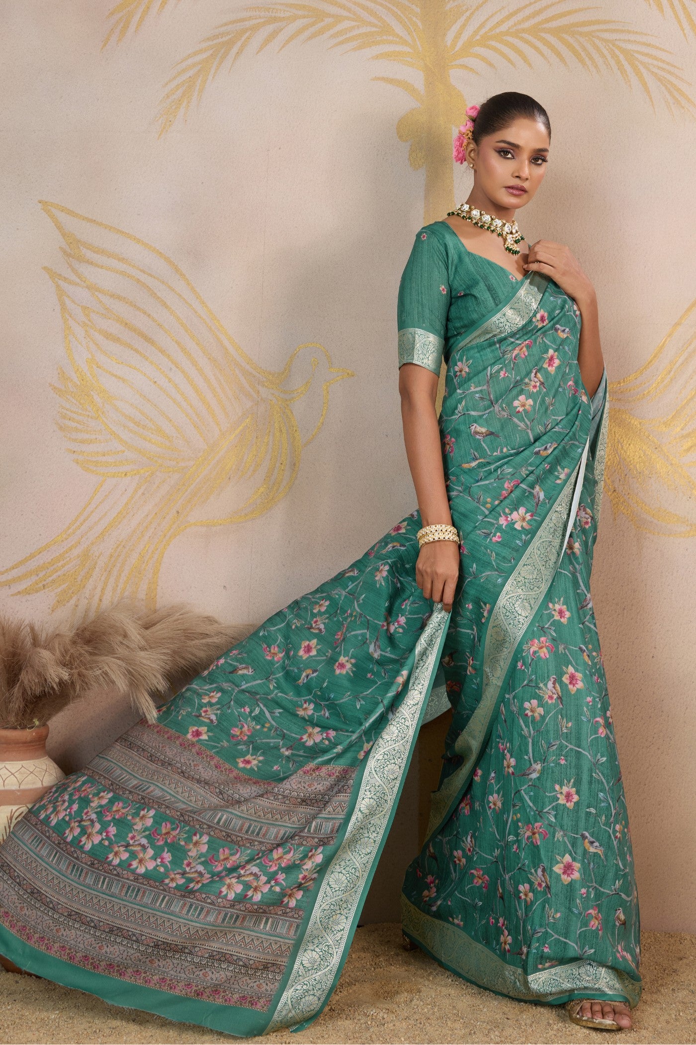 Buy MySilkLove Basil Mist Green Viscose Digital Printed Saree Online