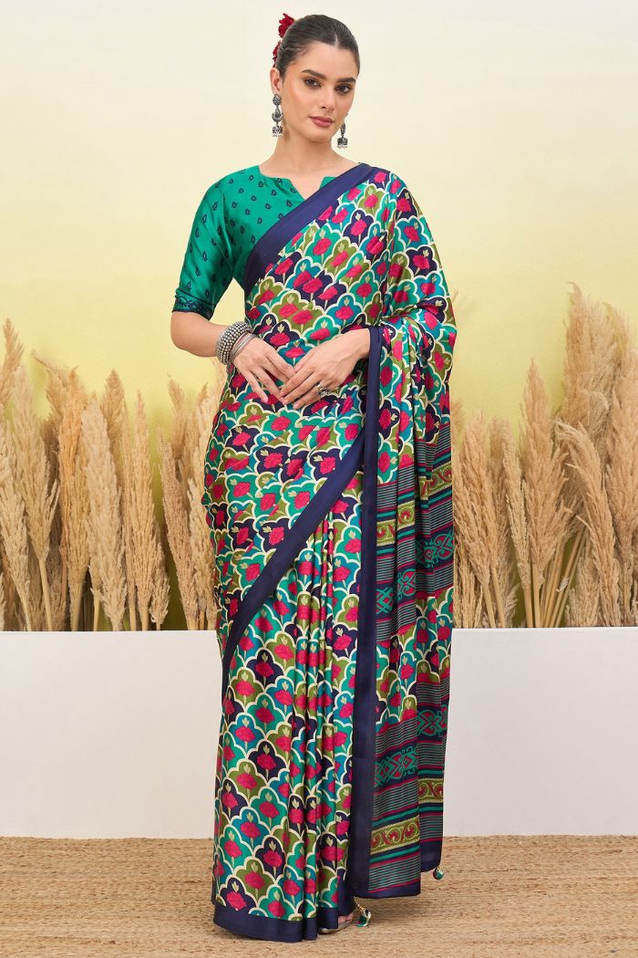 Buy MySilkLove Navy Blue and Green Modal Satin Printed Silk Saree Online