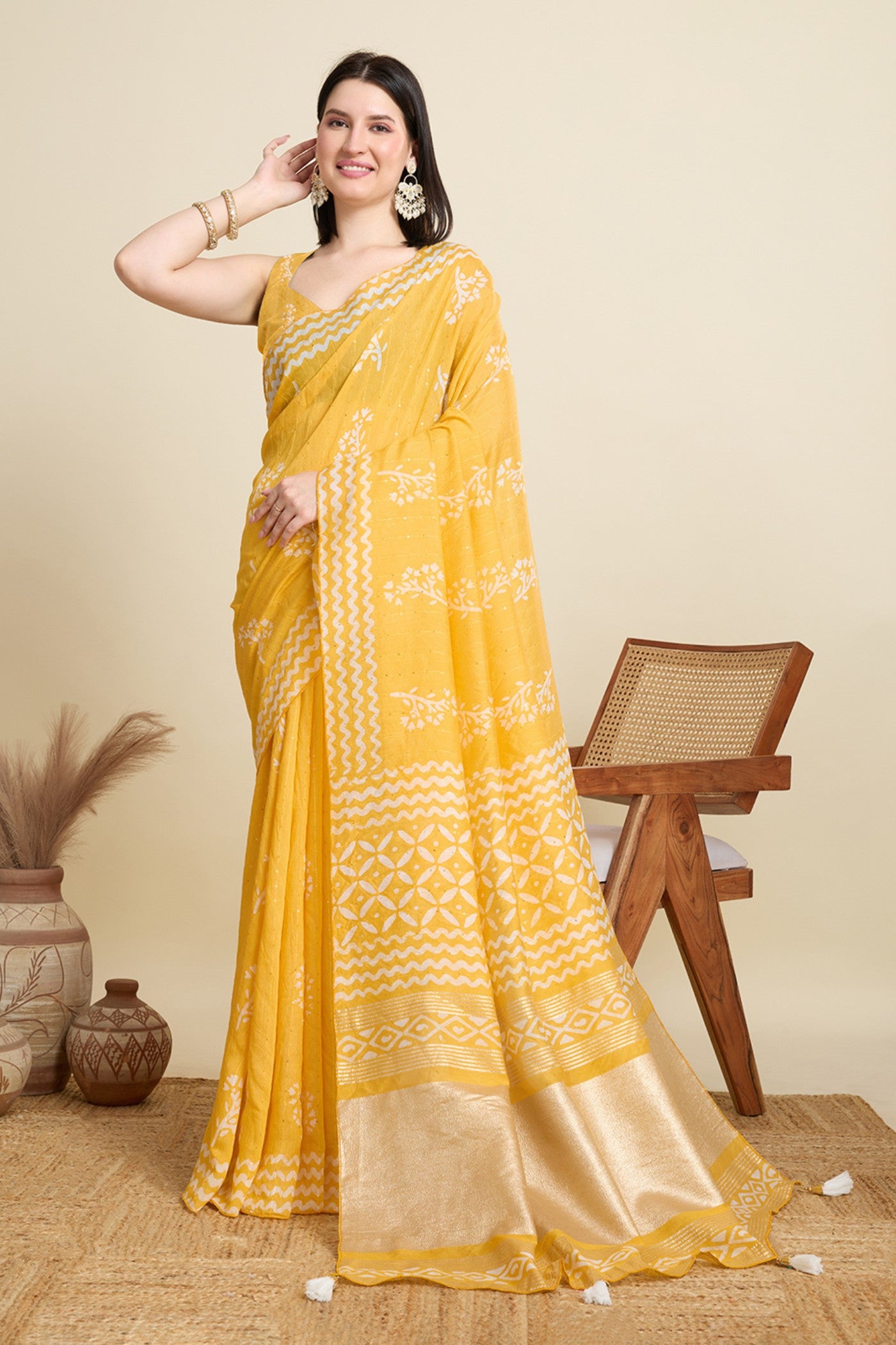 Buy MySilkLove Lemon Yellow Woven Cotton Silk Saree Online