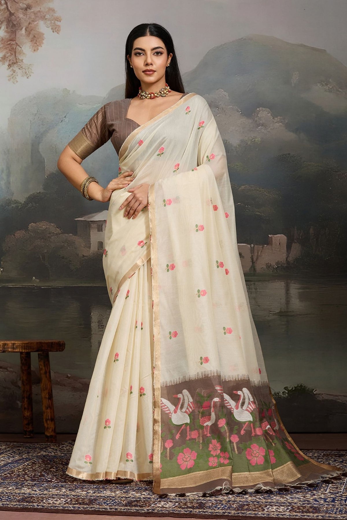 Buy MySilkLove Snowdrop White Cotton Handloom Swan Saree Online