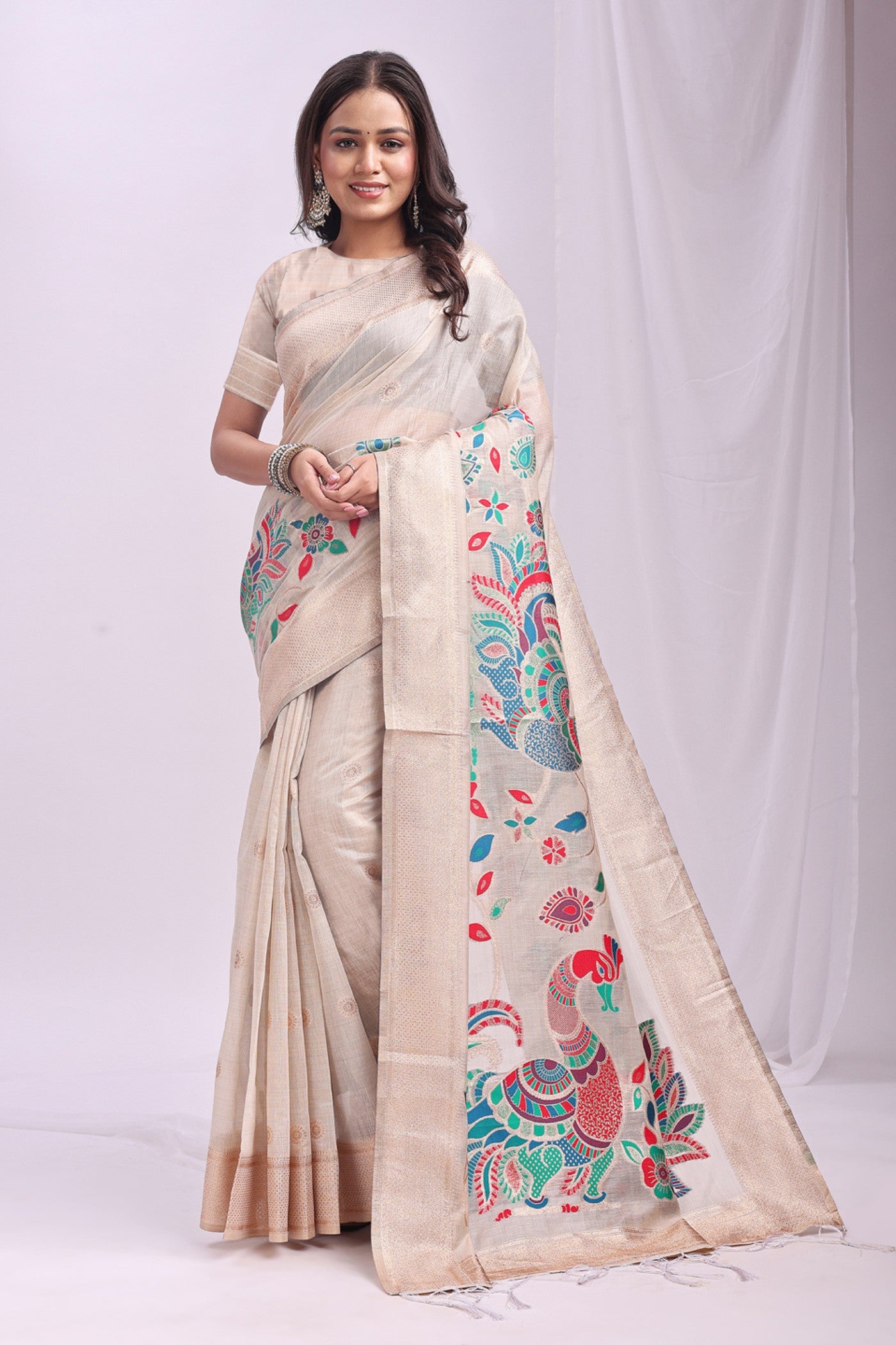 Buy MySilkLove Pearl White Woven Linen Cotton Saree Online