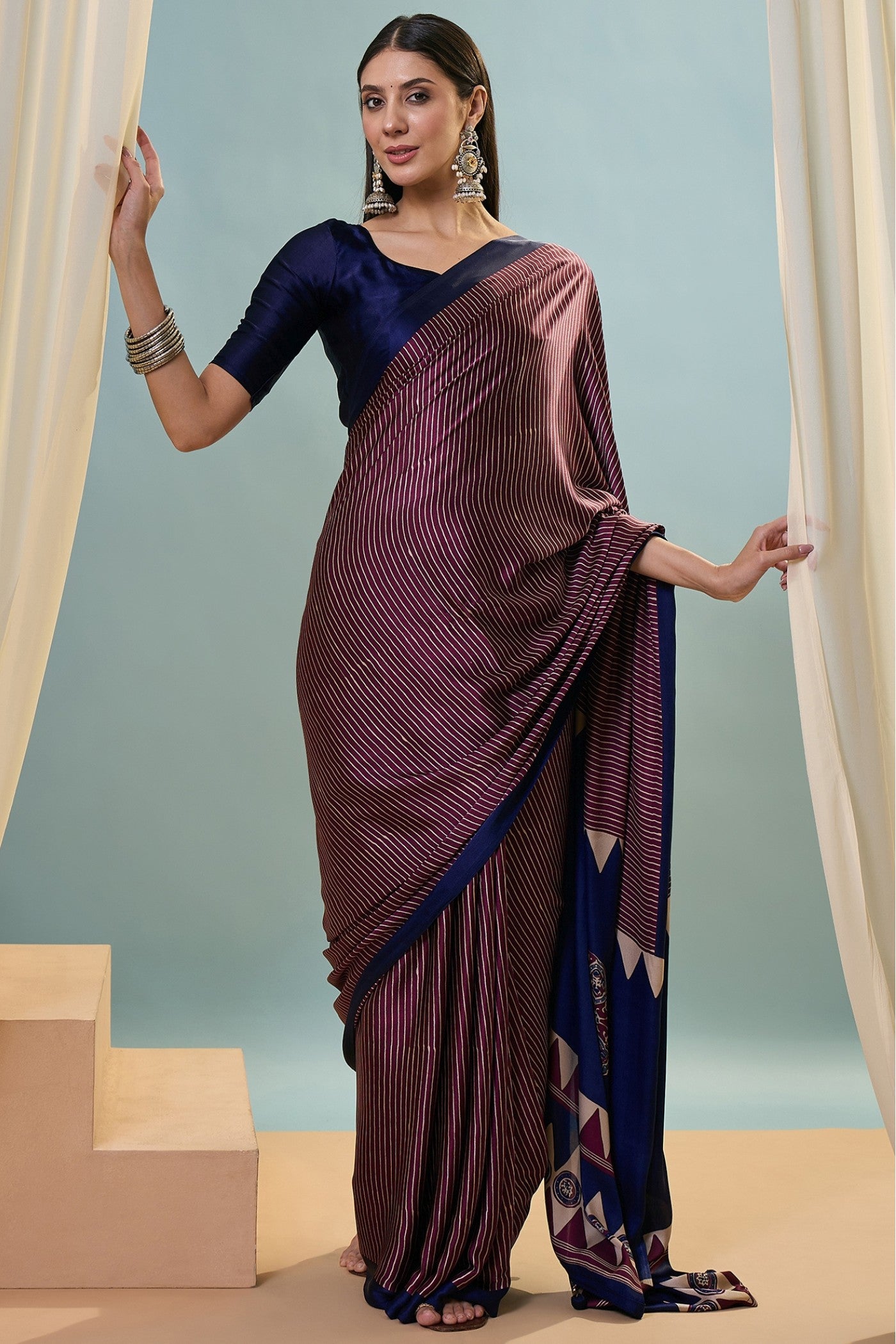 Buy MySilkLove Dark Purple Ajrakh Printed Satin Crepe Silk Saree Online
