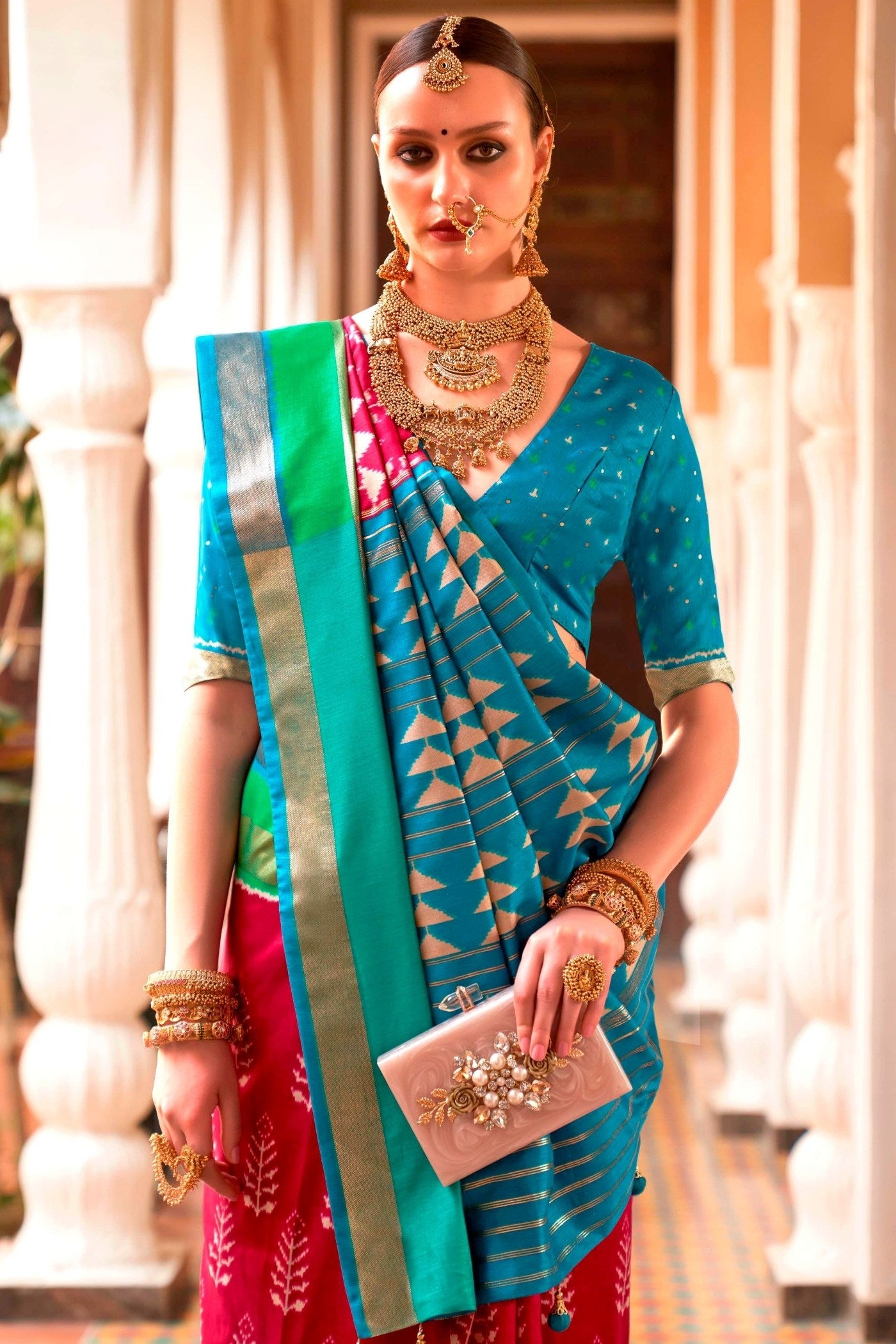 MySilkLove Petal Pink and Blue Printed Patola Saree