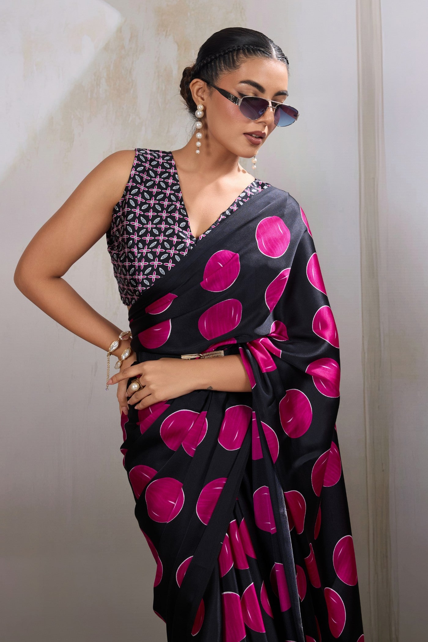 MySilkLove Bubblegum Pink Printed Polka Dots Satin Crepe Saree
