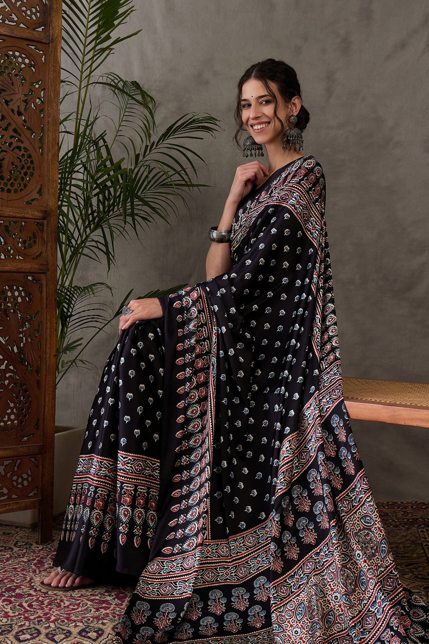 Buy MySilkLove Tuna Black Ajrakh Printed Satin Gaji Silk Saree Online