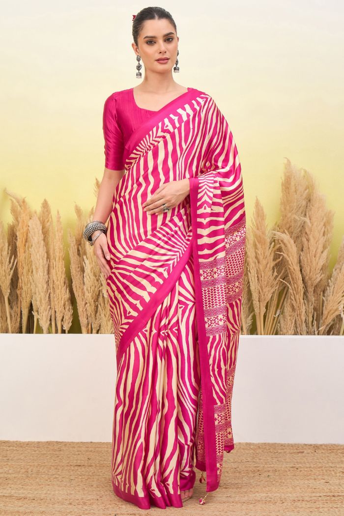 Buy MySilkLove Candy Pink Modal Ajrakh Satin Printed Silk Saree Online
