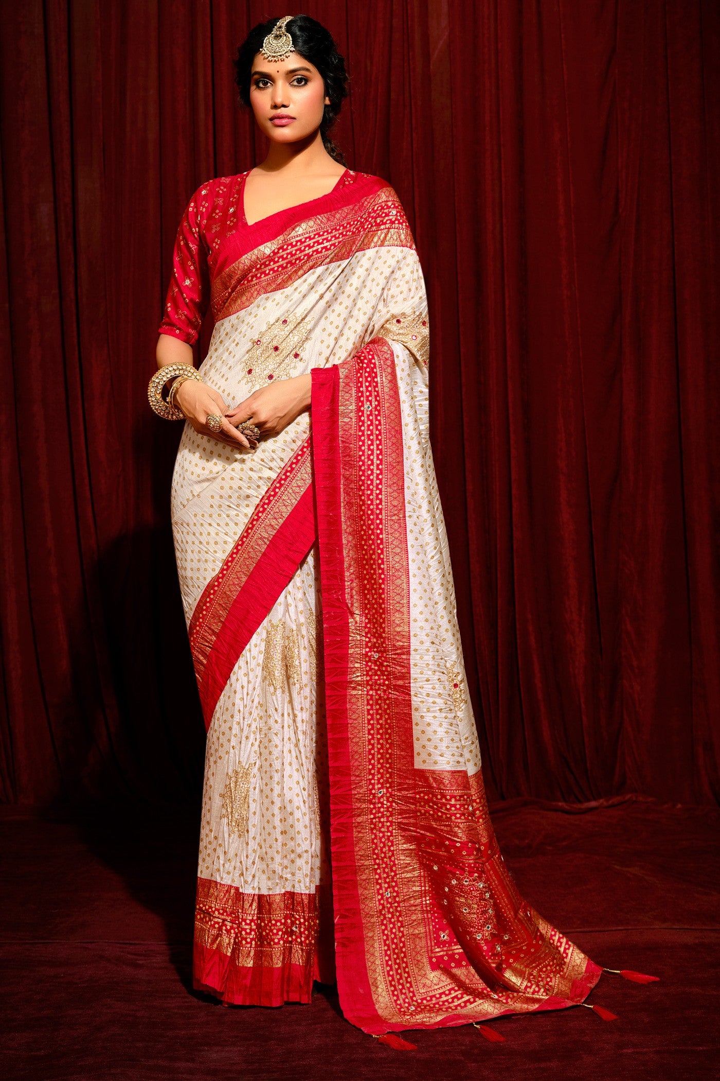 Buy MySilkLove Feather White Tussar Bandhani Silk Saree Online
