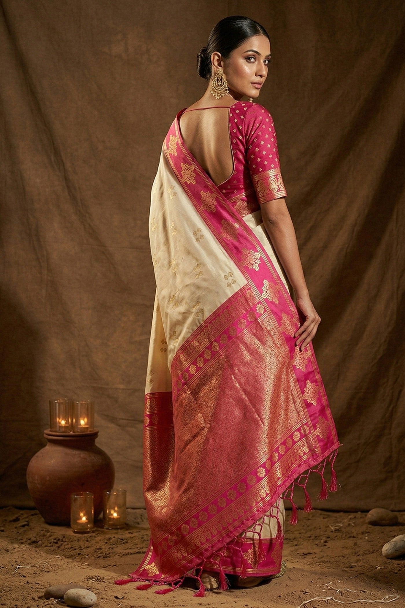 Buy MySilkLove Vanilla Cream Woven Banarasi Soft Silk Saree Online
