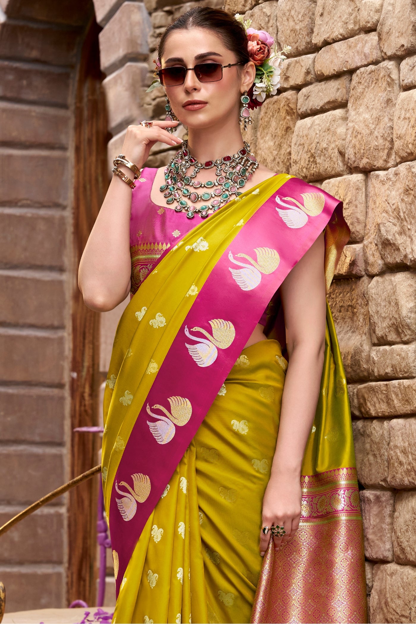 Buy MySilkLove Inchworm Green Woven Satin Soft Silk Saree Online