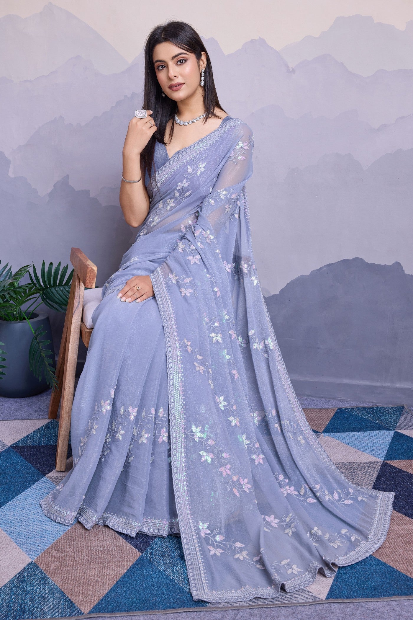 Buy MySilkLove Columbia Grey Embroidered Designer Chiffon Saree Online
